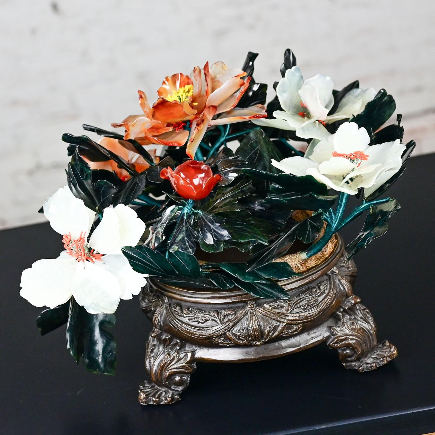Chinese Hand Carved Carnelian Hardstone Floral Centerpiece & Cast Bronze Base In Good Condition For Sale In Topeka, KS