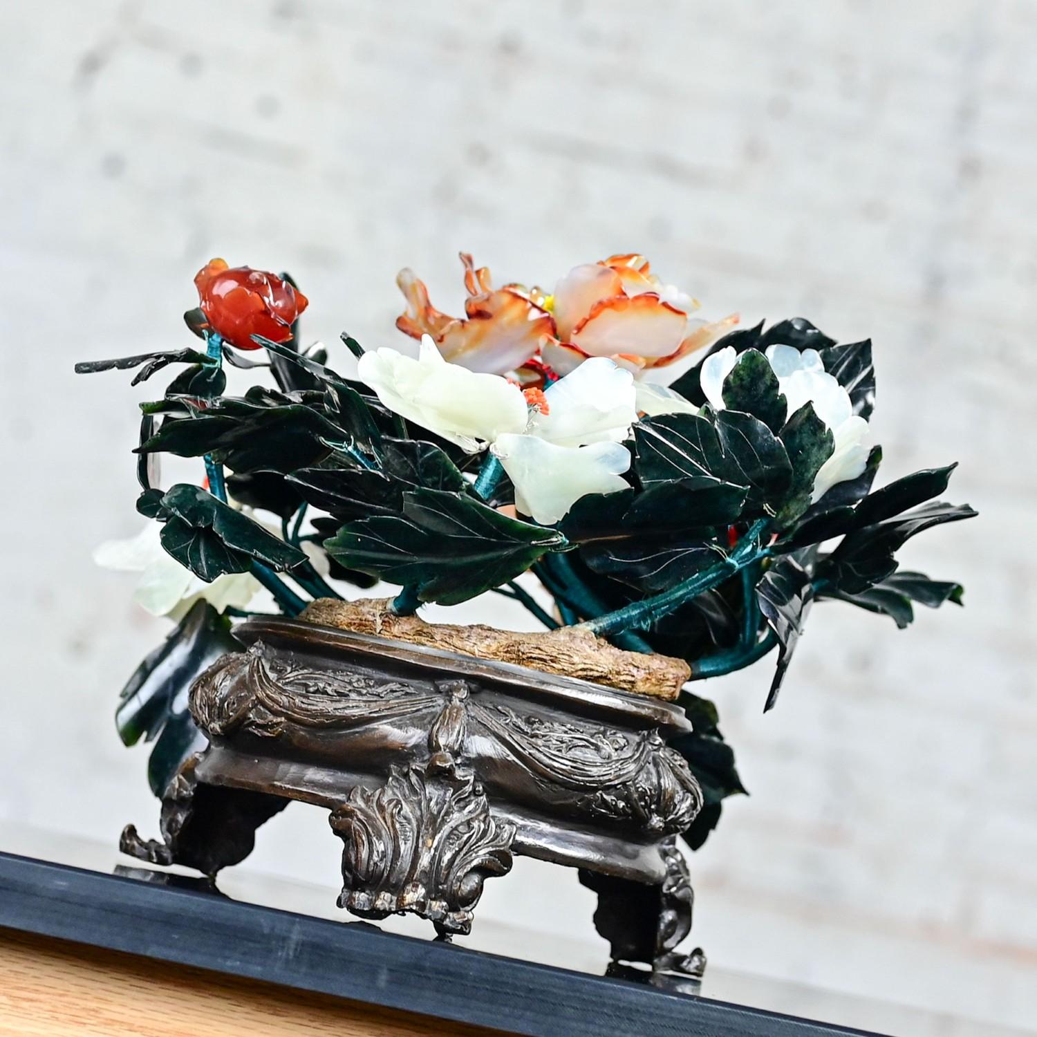 20th Century Chinese Hand Carved Carnelian Hardstone Floral Centerpiece & Cast Bronze Base For Sale