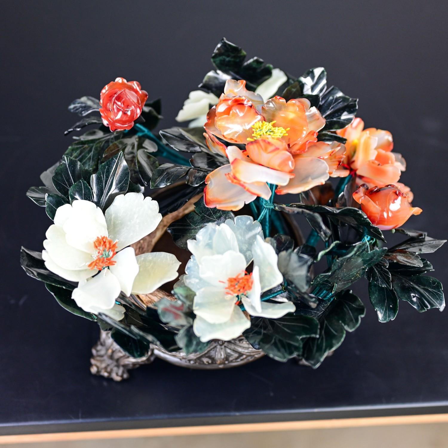 Chinese Hand Carved Carnelian Hardstone Floral Centerpiece & Cast Bronze Base For Sale 2