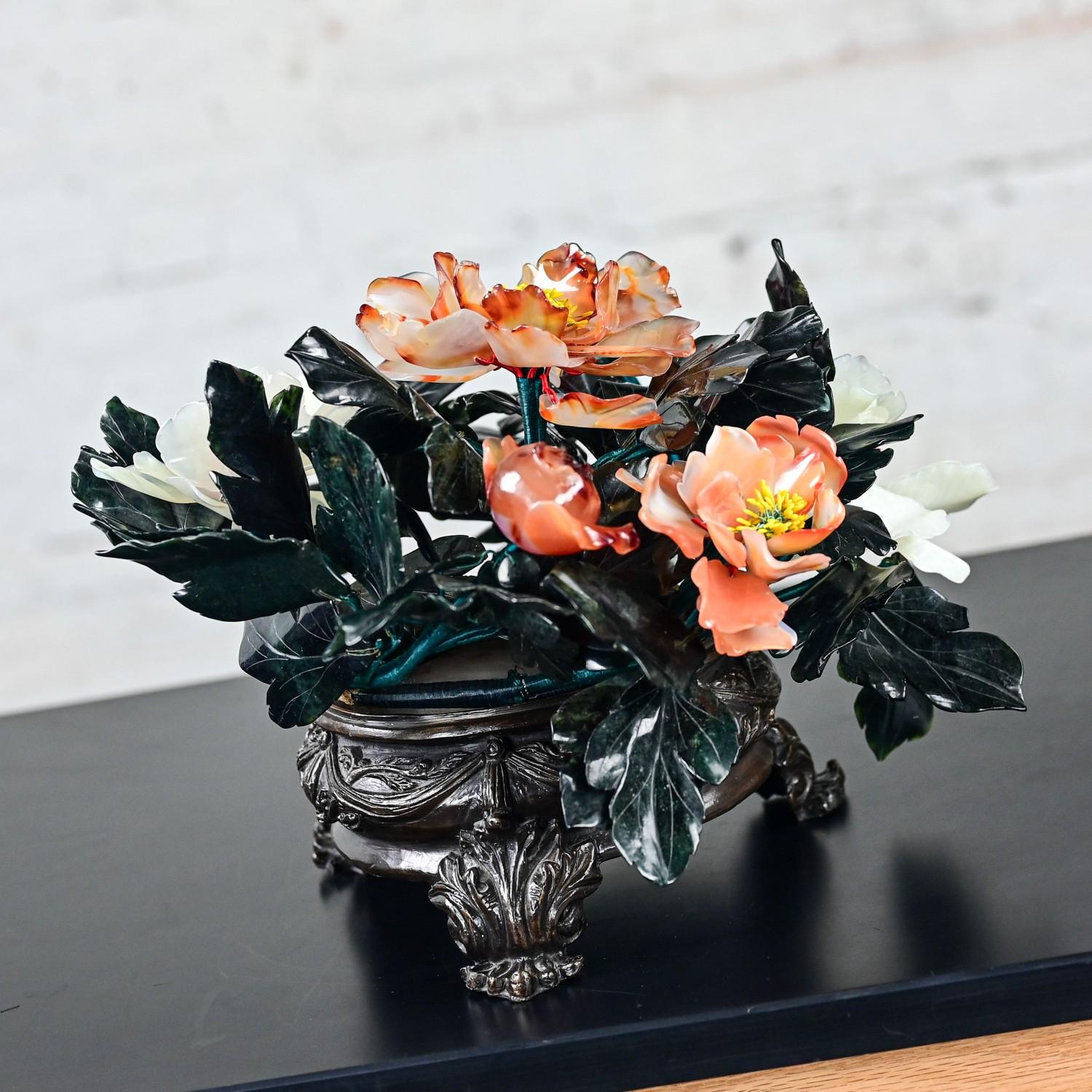 Chinese Hand Carved Carnelian Hardstone Floral Centerpiece & Cast Bronze Base For Sale 3