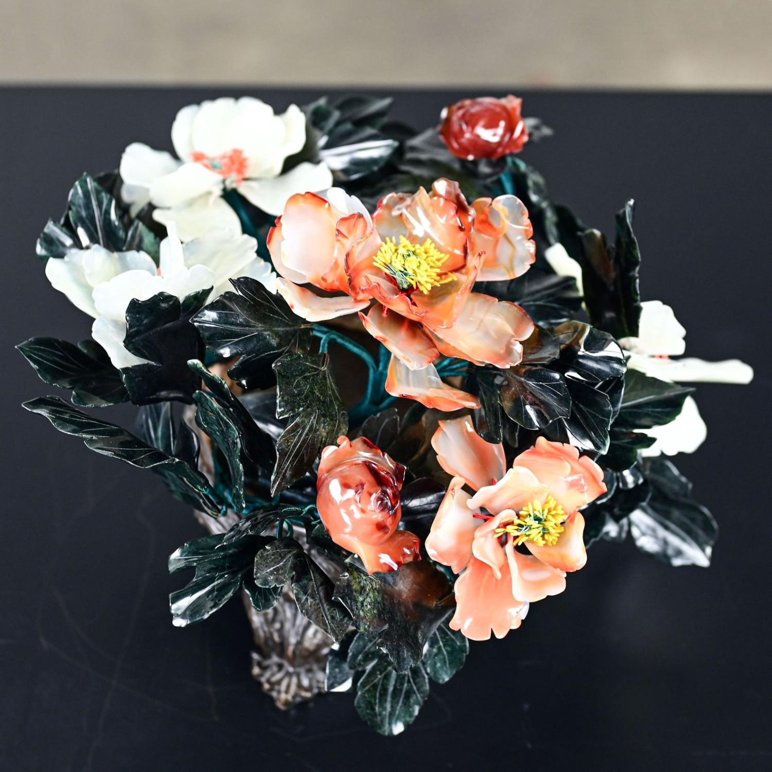 Chinese Hand Carved Carnelian Hardstone Floral Centerpiece & Cast Bronze Base For Sale 4