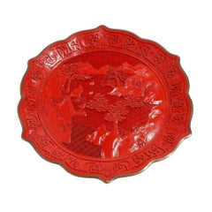 Chinese hand carved cinnabar plate on brass, c. 1850