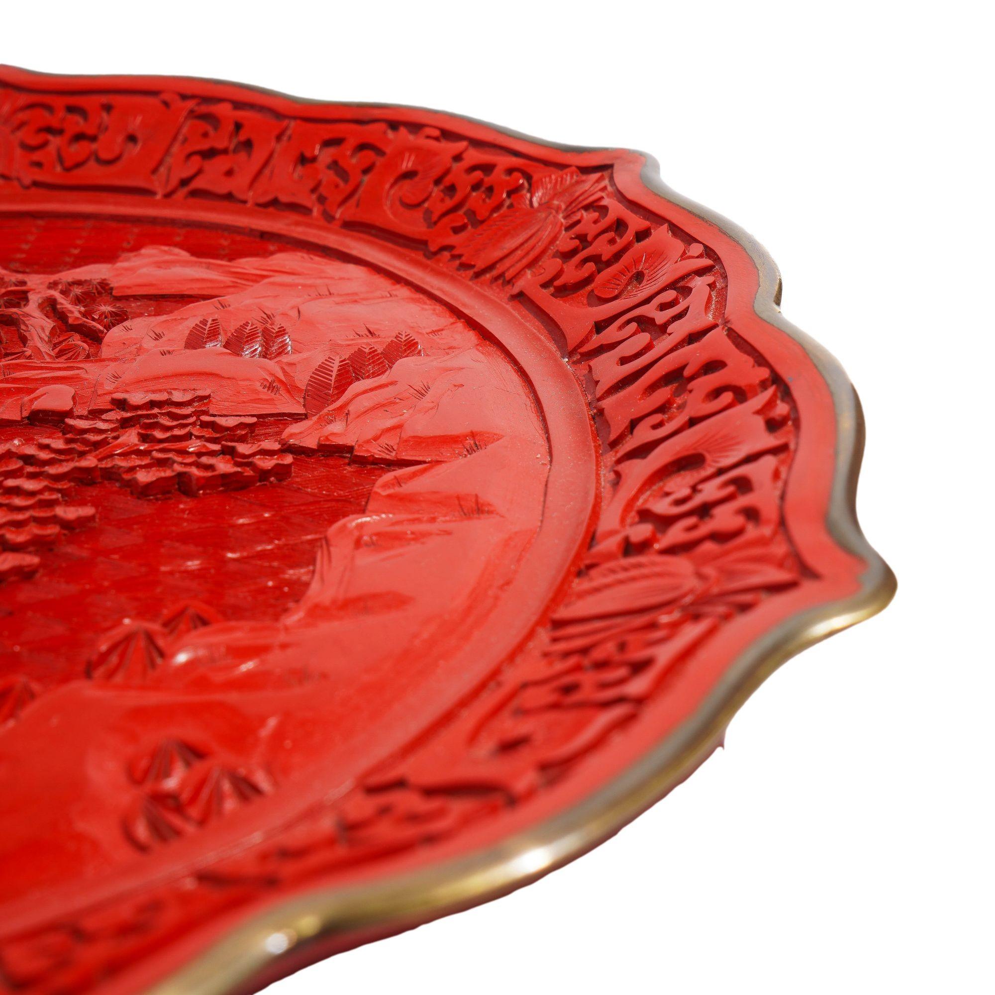 19th Century Chinese hand carved cinnabar plate on brass, c. 1850 For Sale