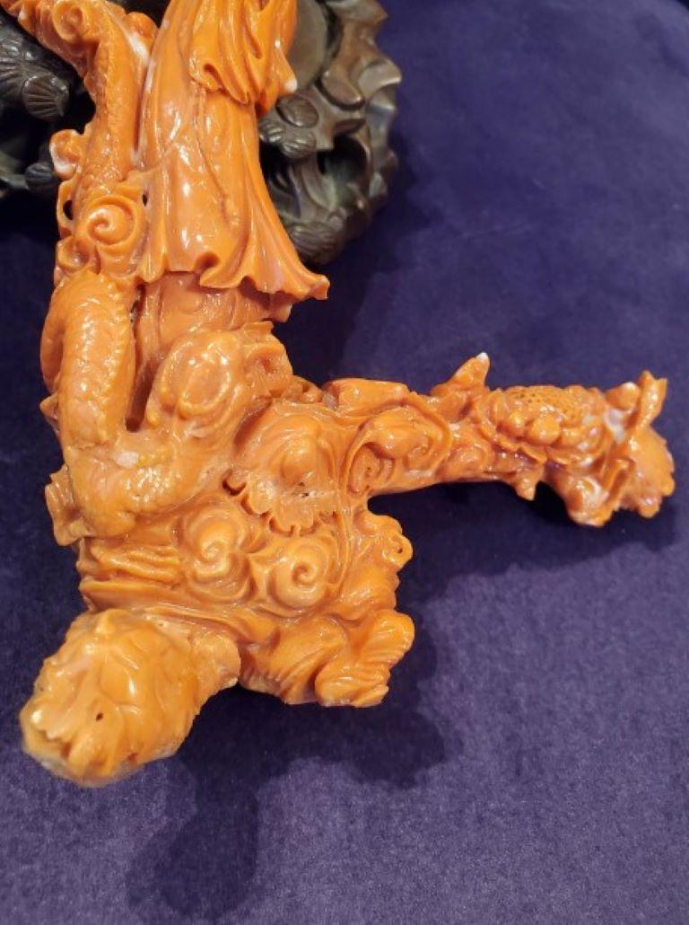 Chinese Hand-Carved Coral Sculpture Guanyin and Dragon For Sale 4