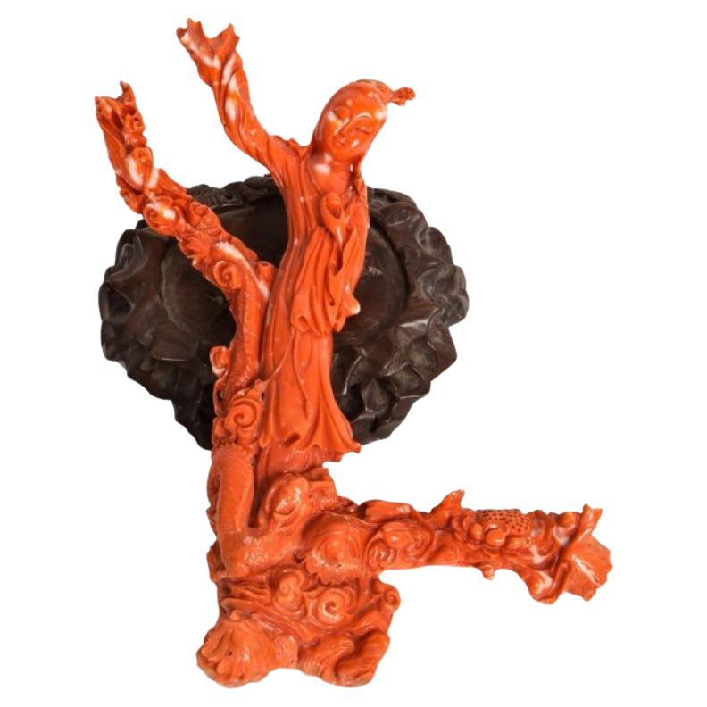 Chinese Hand-Carved Coral Sculpture Guanyin and Dragon For Sale