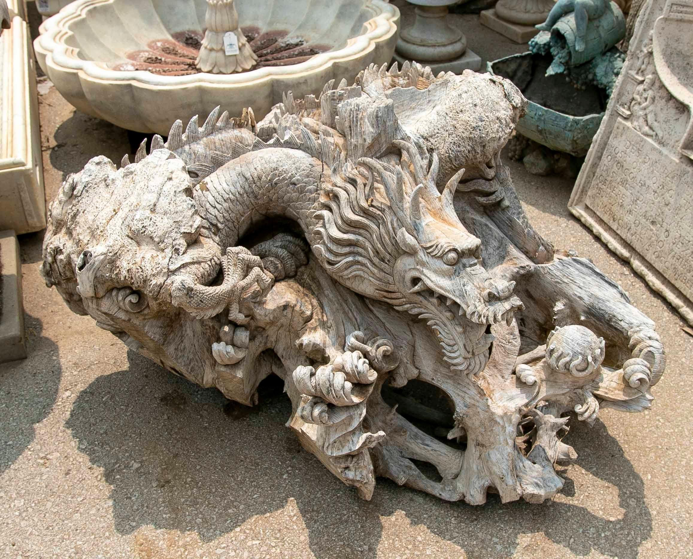 Asian Chinese Hand-Carved Dragon Wooden Sculpture For Sale