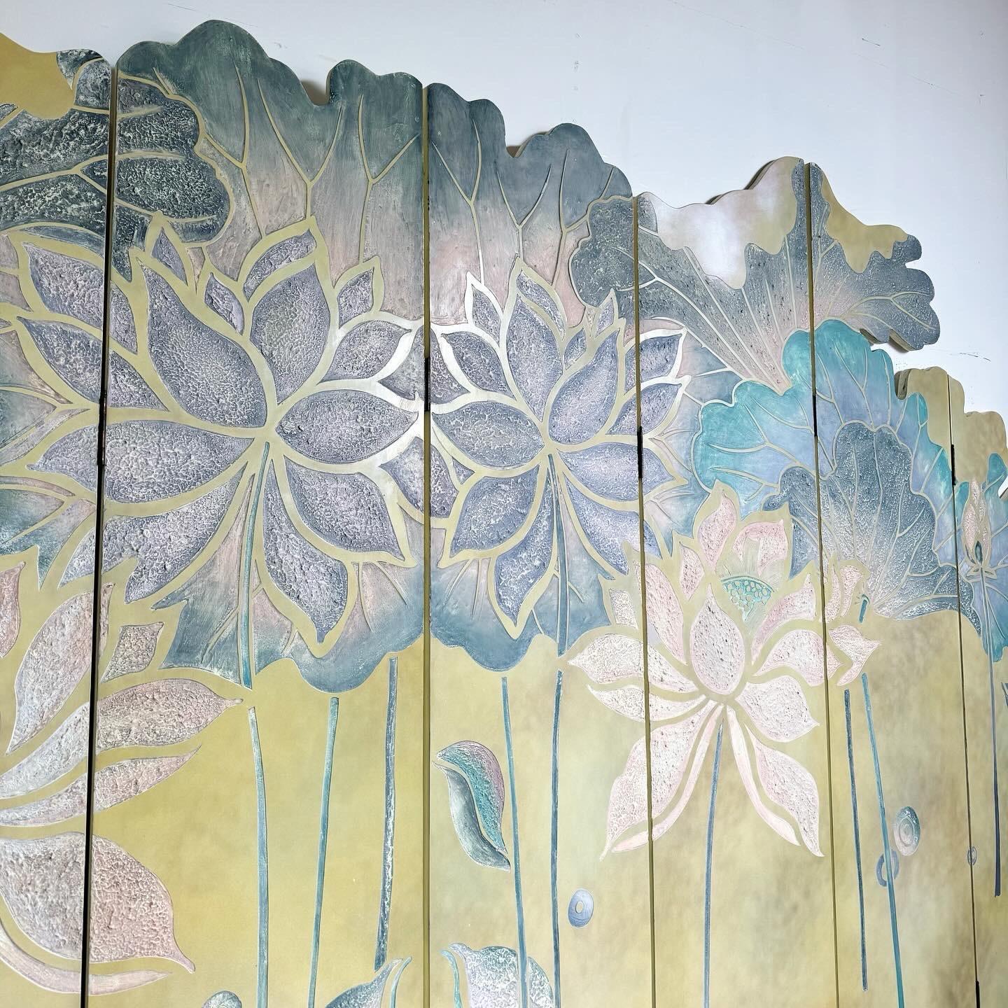 Wood Chinese Hand Carved Flowers and Ducks Sculpted Room Divider Screen - 8 Panels For Sale