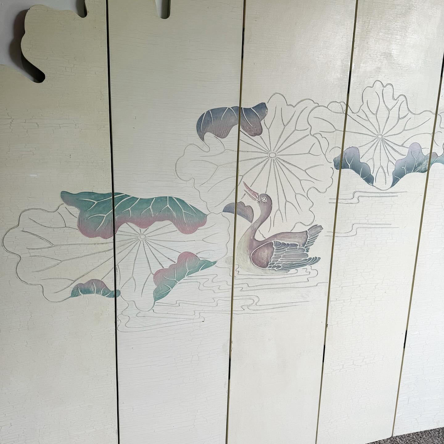 Chinese Hand Carved Flowers and Ducks Sculpted Room Divider Screen - 8 Panels For Sale 3