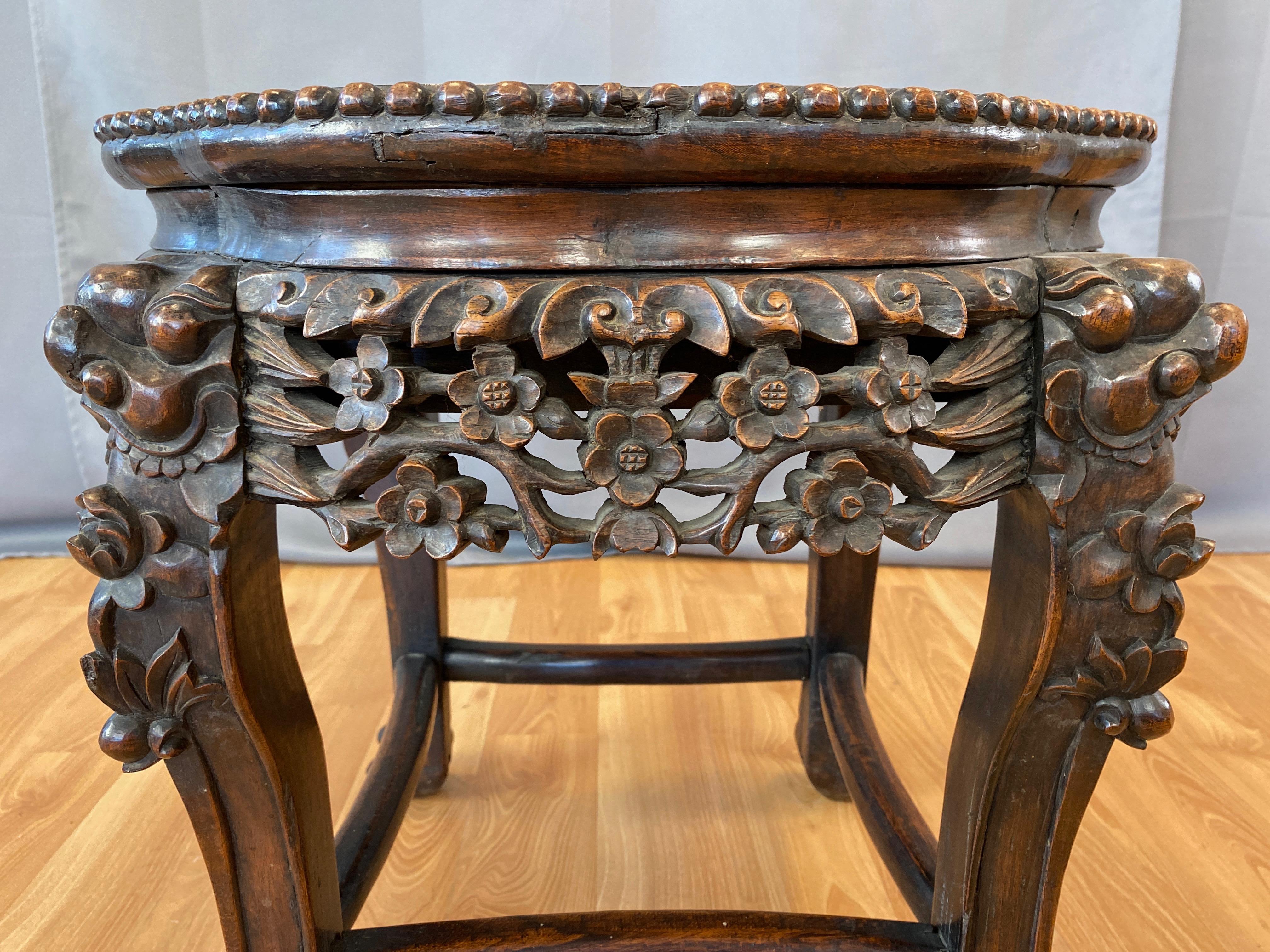 Chinese Hand Carved Huanghuali and Marble Plant Stand or Side Table, c. 1900 3