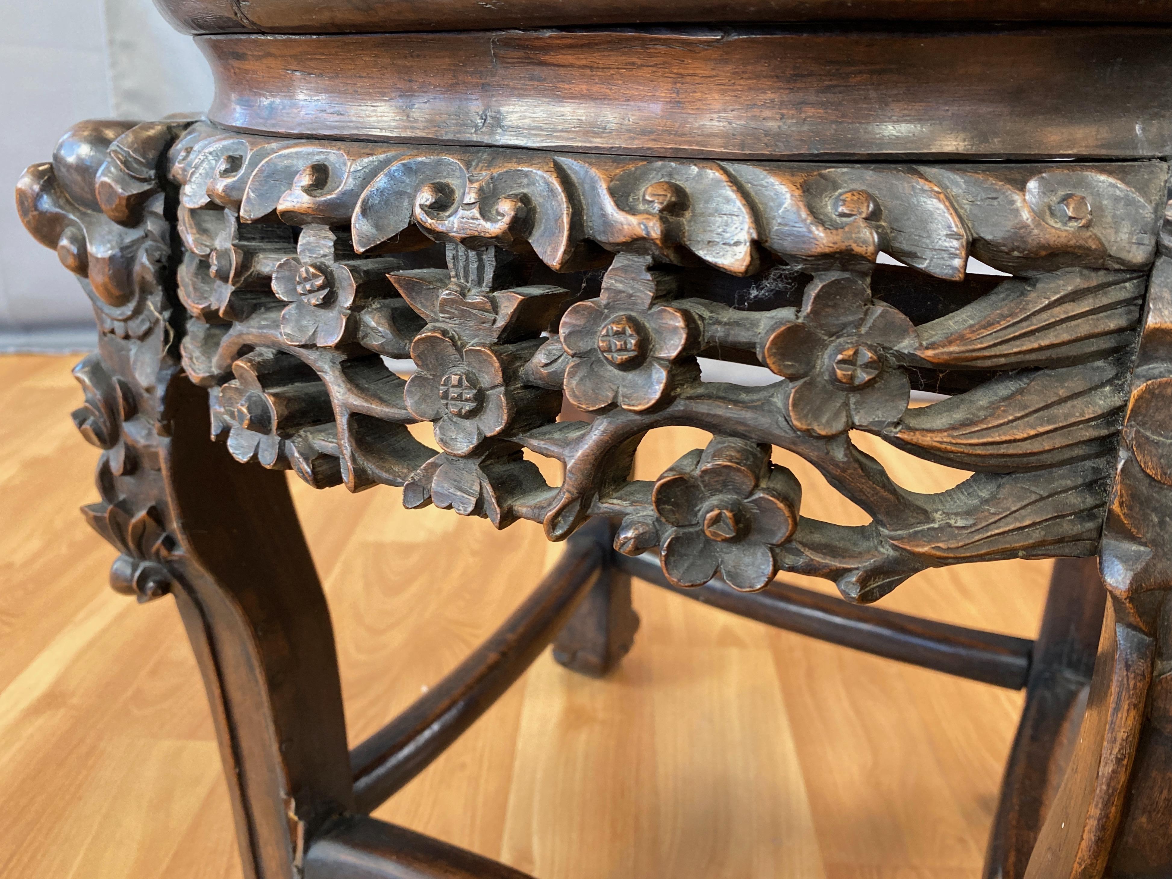 Chinese Hand Carved Huanghuali and Marble Plant Stand or Side Table, c. 1900 4