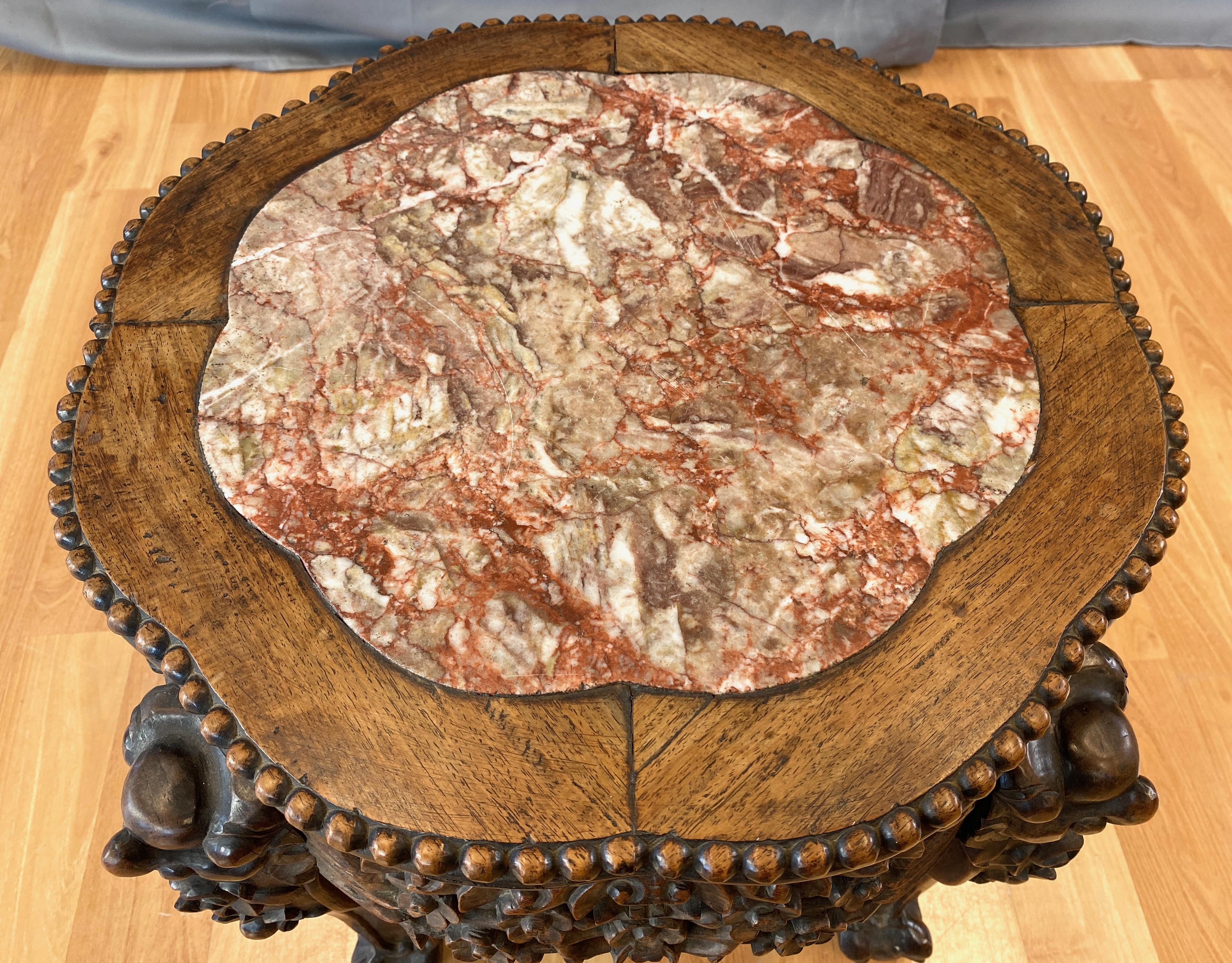 Chinese Hand Carved Huanghuali and Marble Plant Stand or Side Table, c. 1900 7