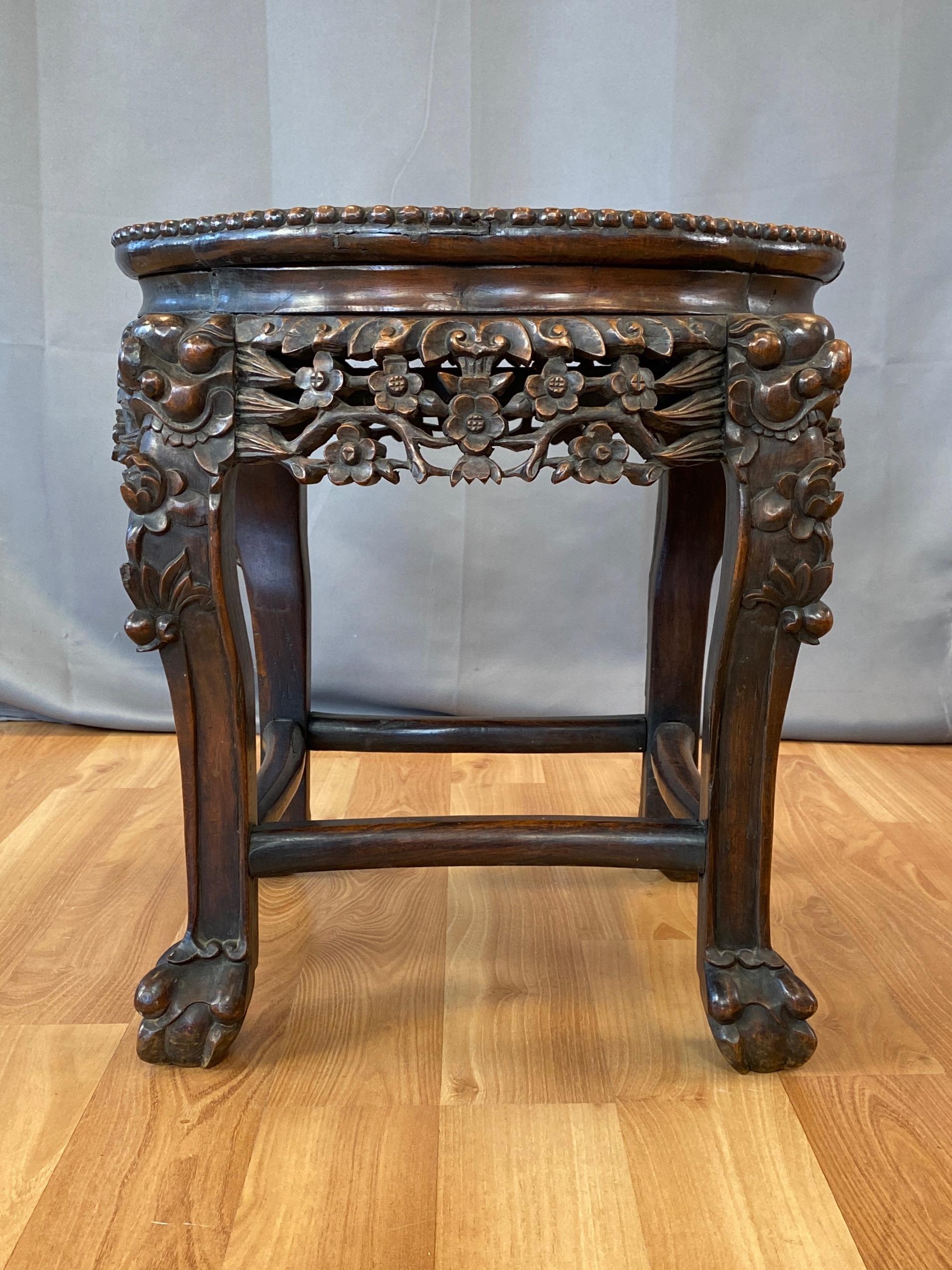 Chinese Export Chinese Hand Carved Huanghuali and Marble Plant Stand or Side Table, c. 1900