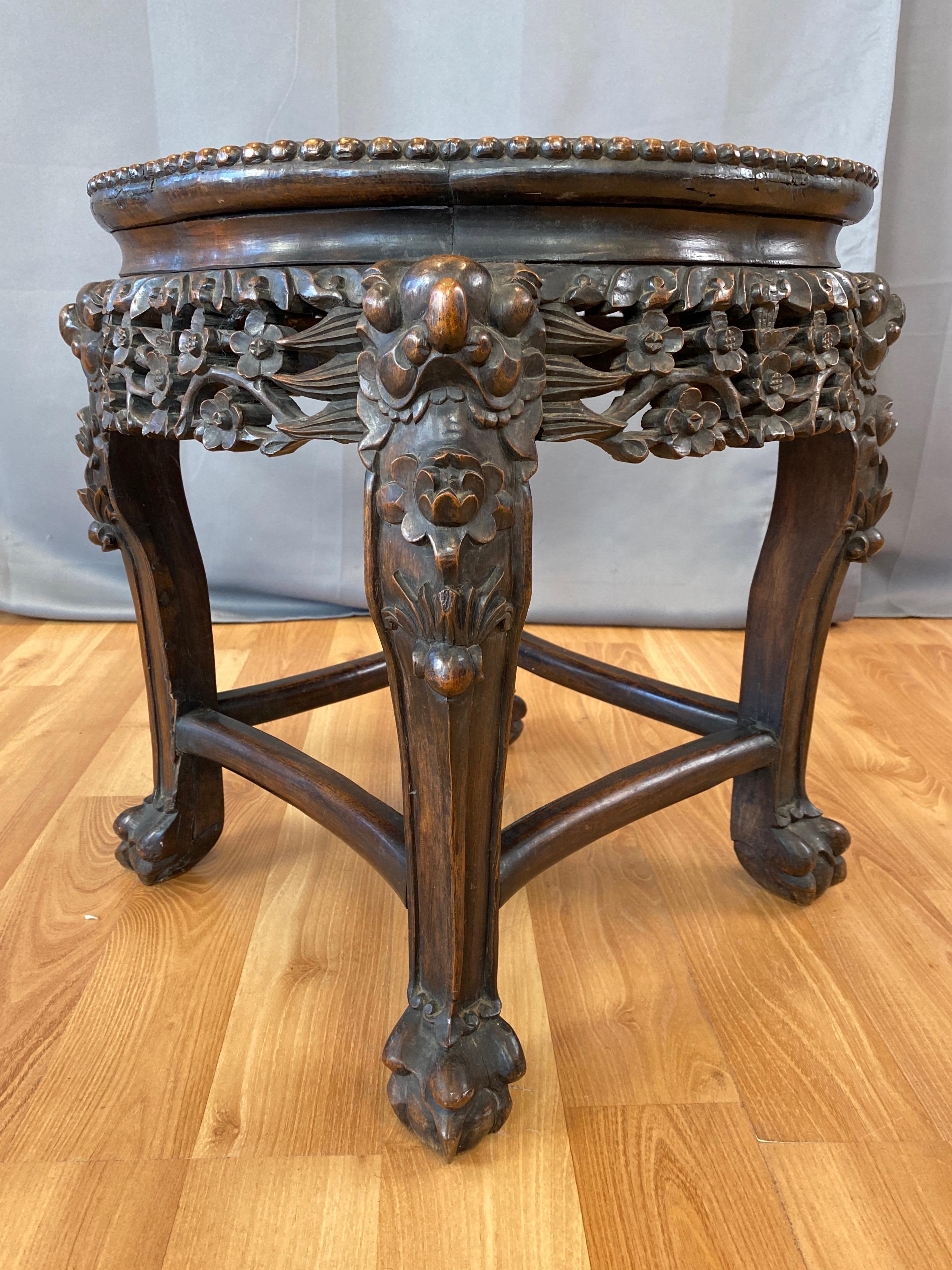 Hand-Carved Chinese Hand Carved Huanghuali and Marble Plant Stand or Side Table, c. 1900