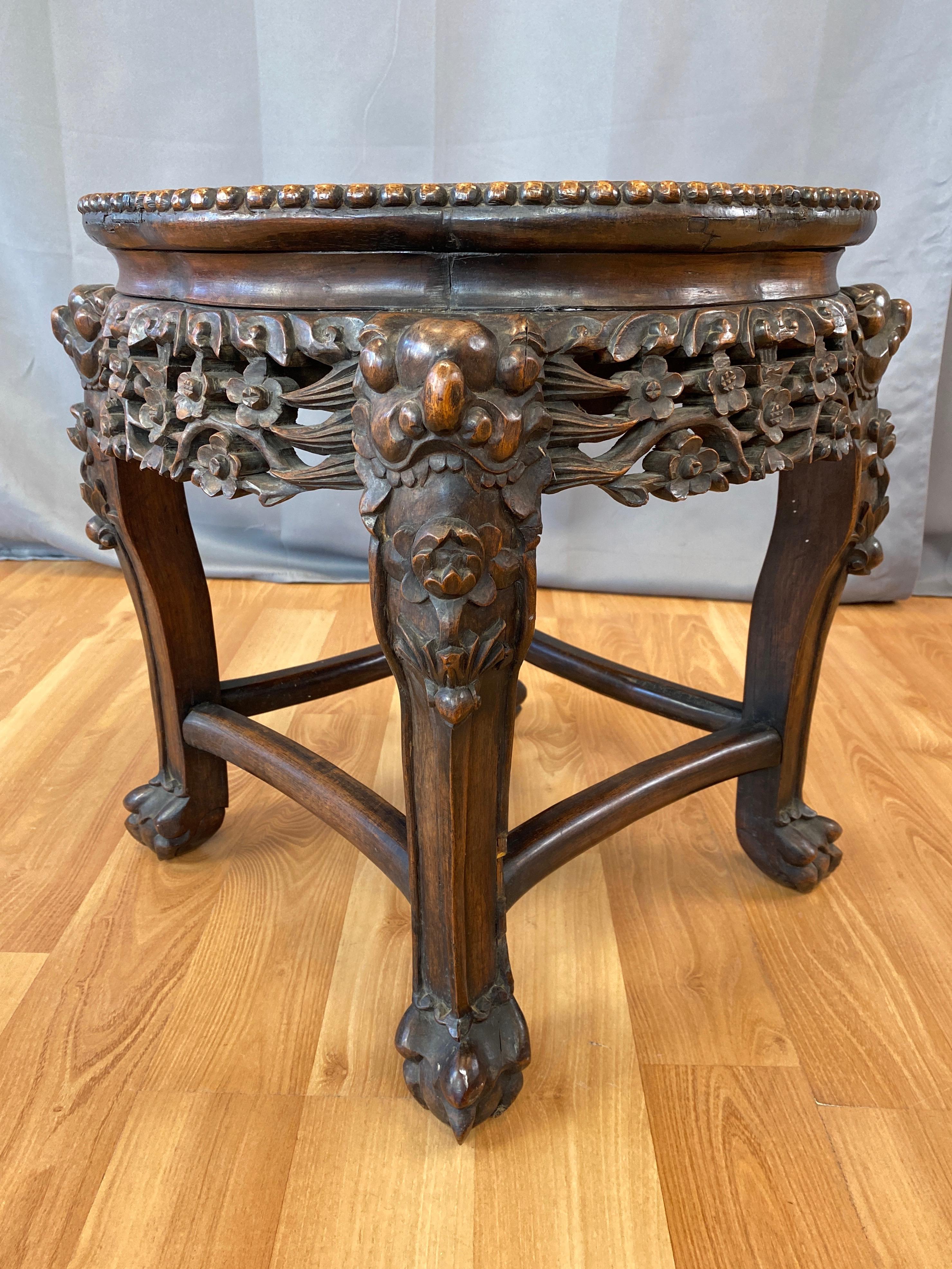 Chinese Hand Carved Huanghuali and Marble Plant Stand or Side Table, c. 1900 In Good Condition In San Francisco, CA