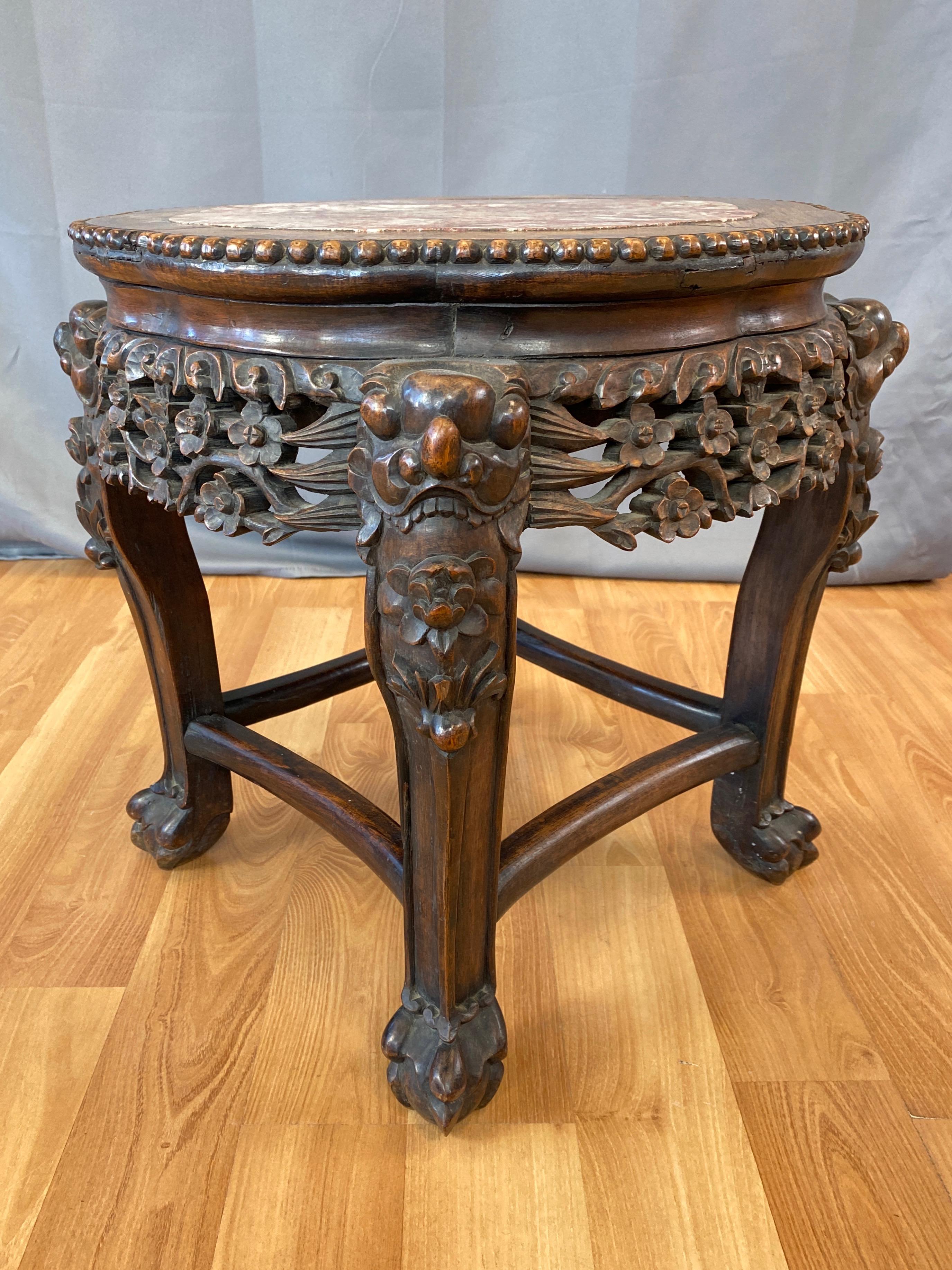 Early 20th Century Chinese Hand Carved Huanghuali and Marble Plant Stand or Side Table, c. 1900