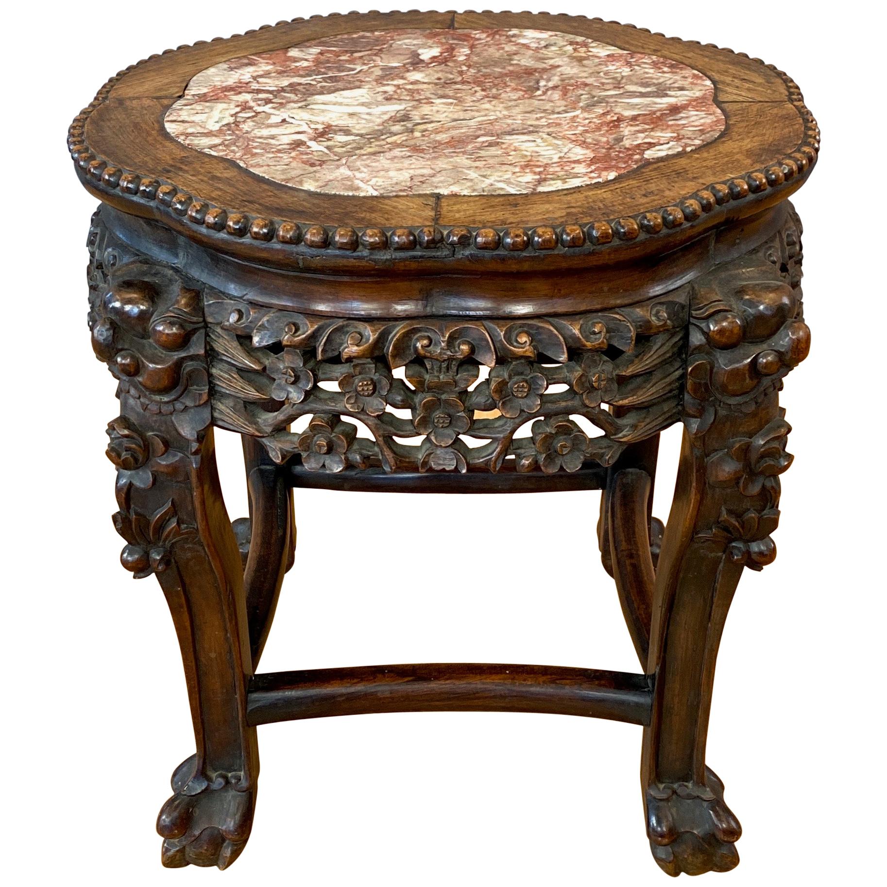 Chinese Hand Carved Huanghuali and Marble Plant Stand or Side Table, c. 1900