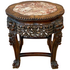 Chinese Hand Carved Huanghuali and Marble Plant Stand or Side Table, c. 1900