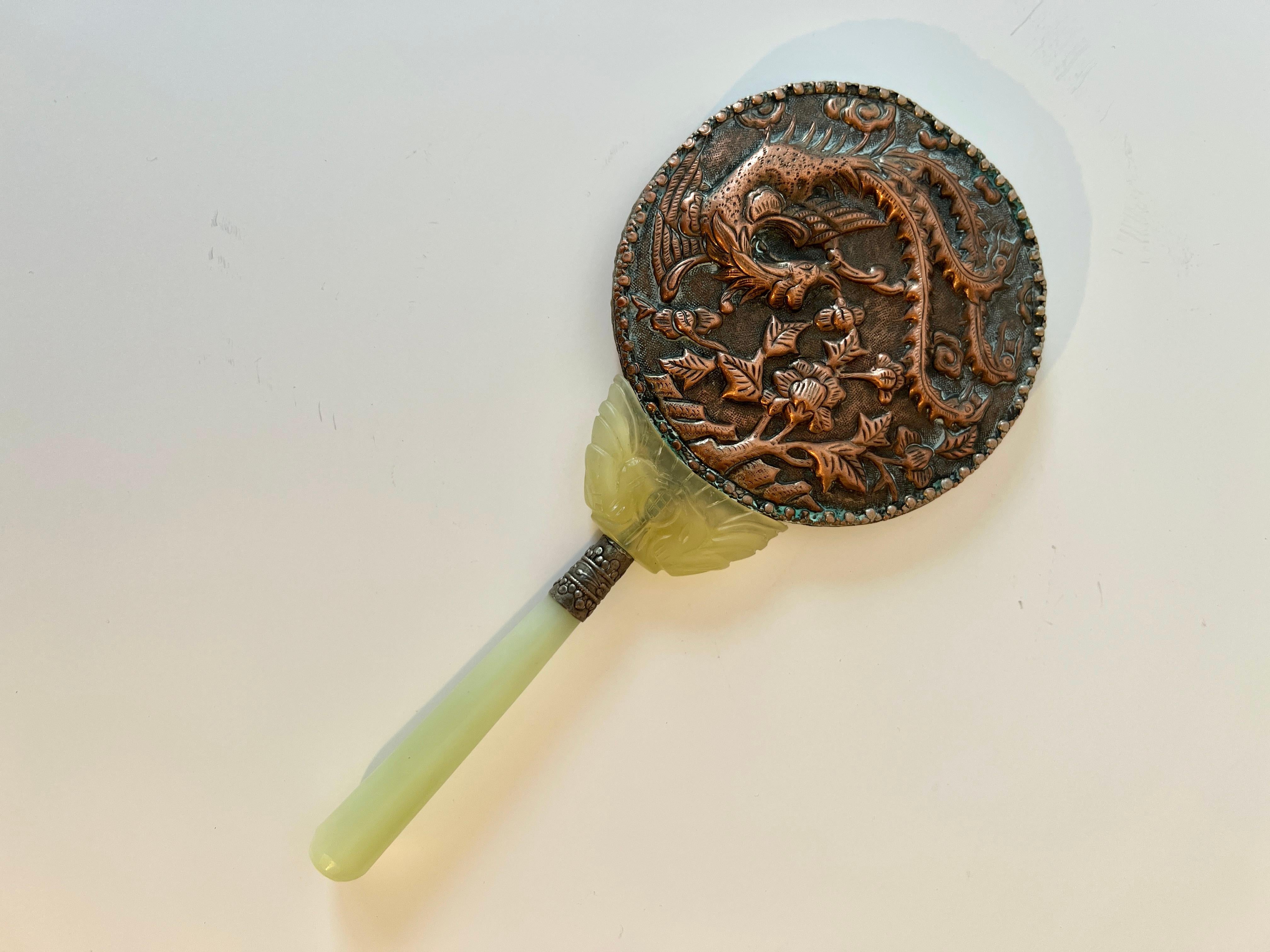 Chinese Export Chinese Hand Carved Jade and Celadon Handle Hand Mirror with Repousse Dragon For Sale