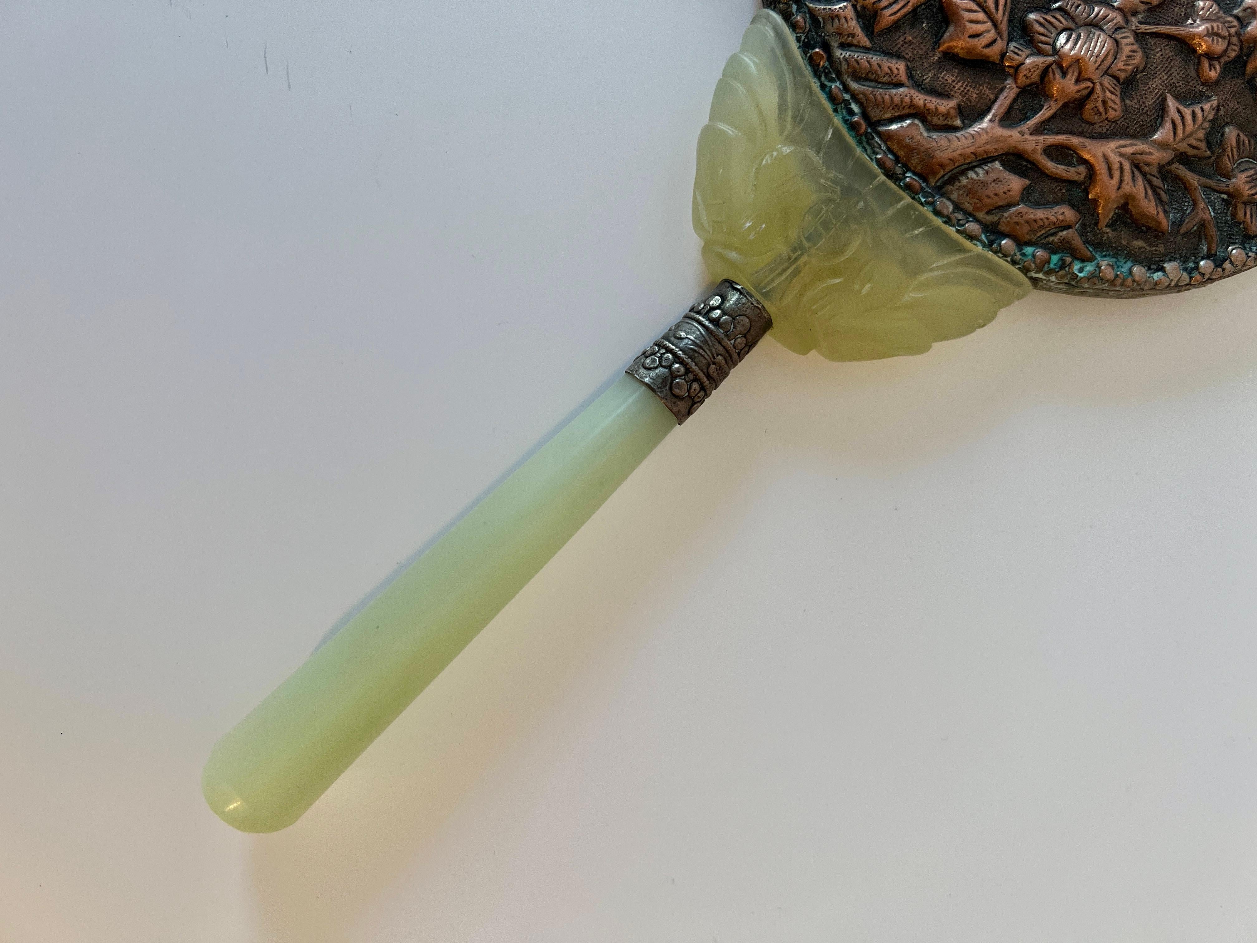 Chinese Hand Carved Jade and Celadon Handle Hand Mirror with Repousse Dragon In Good Condition For Sale In Los Angeles, CA