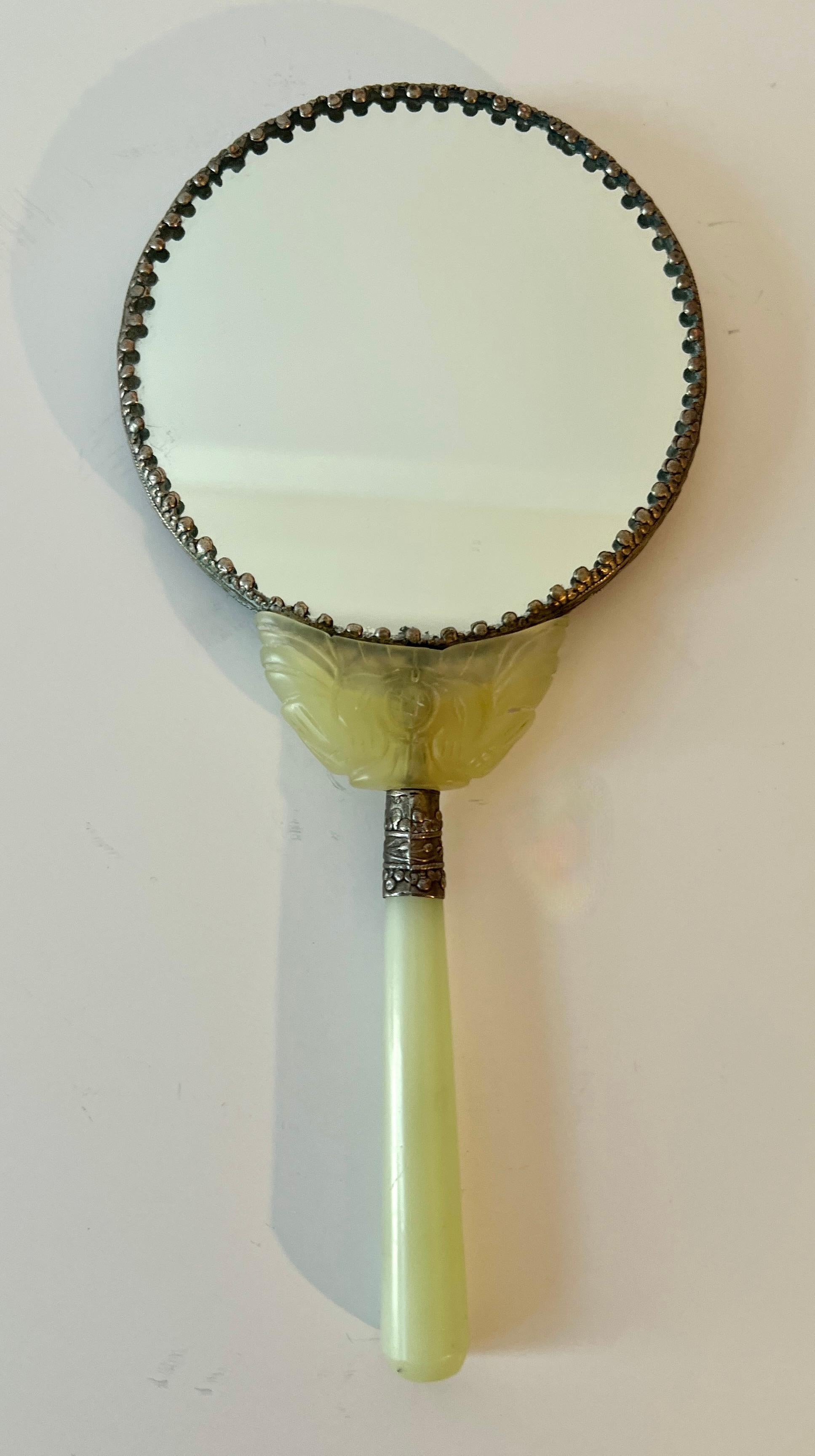 20th Century Chinese Hand Carved Jade and Celadon Handle Hand Mirror with Repousse Dragon For Sale