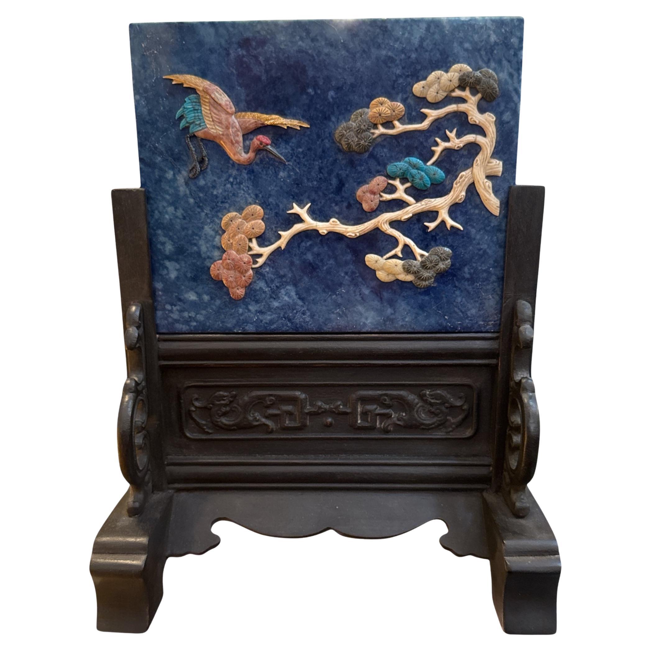Chinese Hand Carved Jade Lapis Lazuli Table Screen