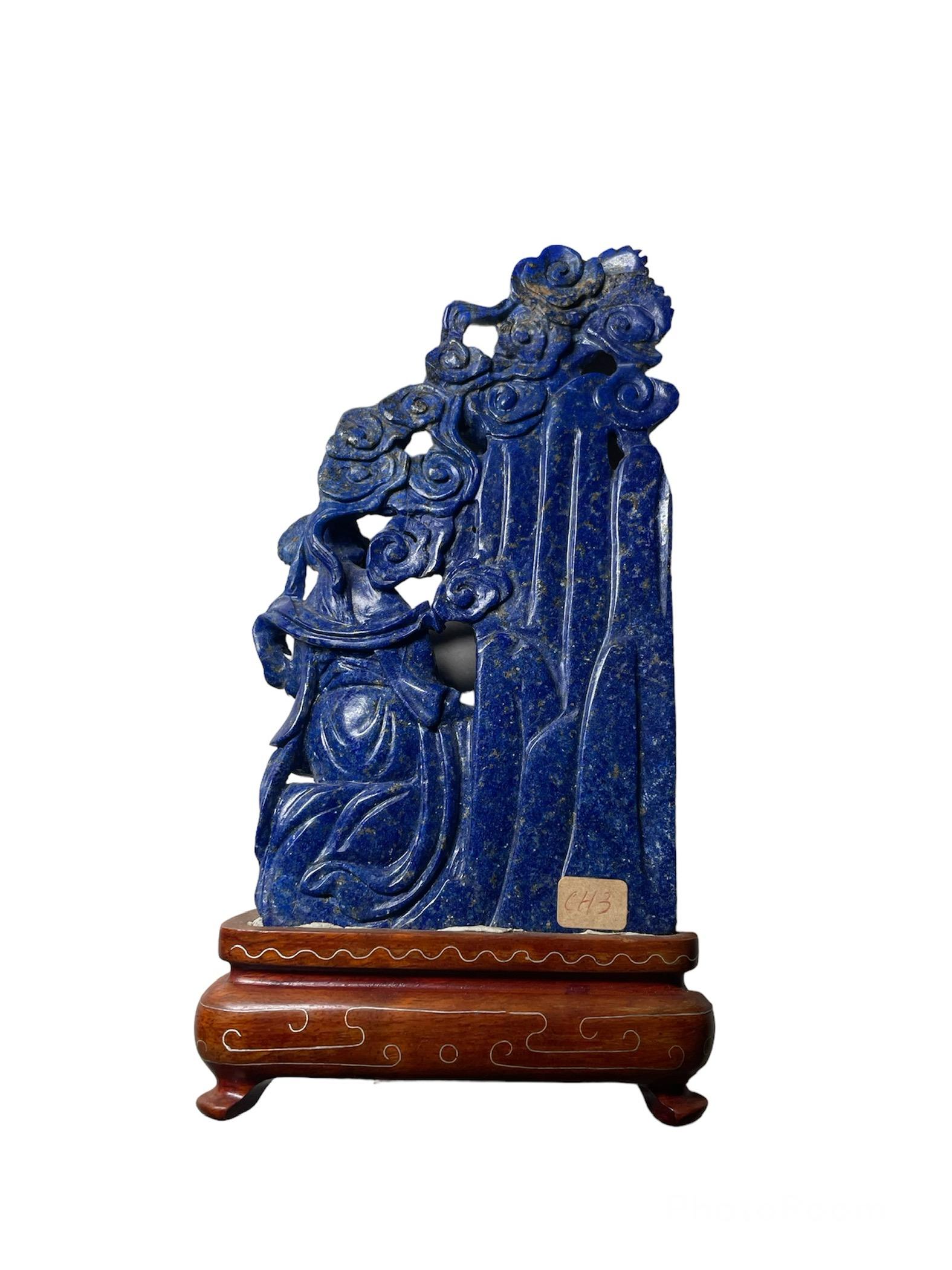 Chinese Export Chinese Hand Carved Lapis Lazuli Sculptures of the Guan Yin and Phoenix Bird For Sale