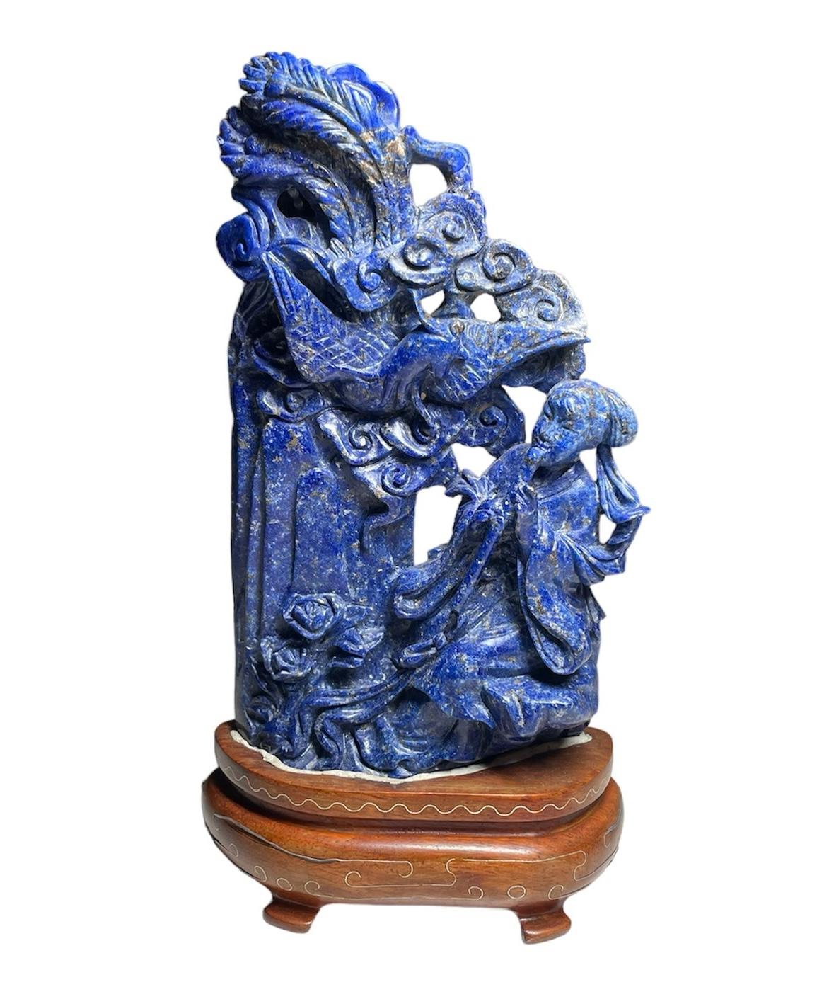 Chinese Hand Carved Lapis Lazuli Sculptures of the Guan Yin and Phoenix Bird In Good Condition For Sale In Guaynabo, PR