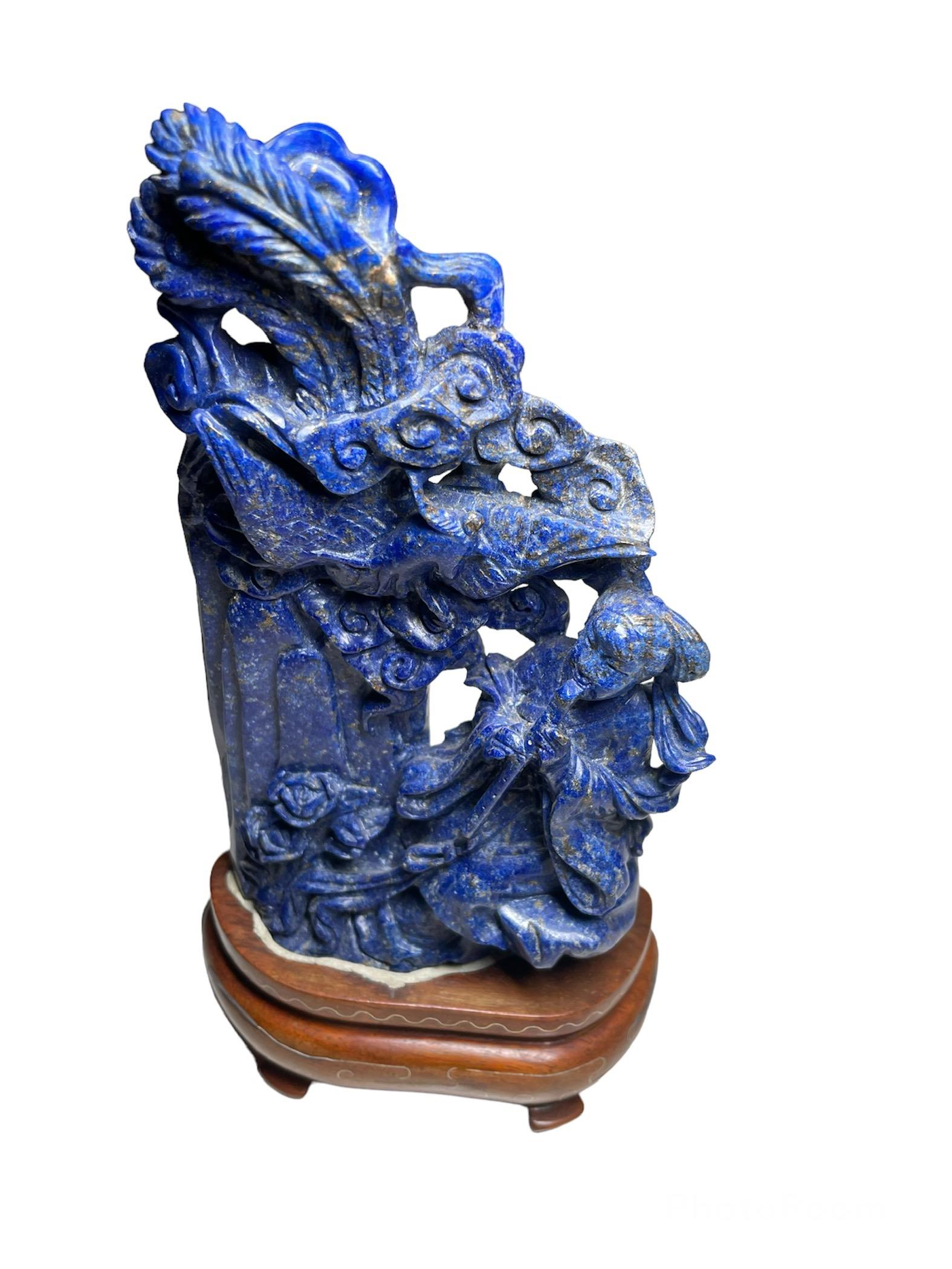 20th Century Chinese Hand Carved Lapis Lazuli Sculptures of the Guan Yin and Phoenix Bird For Sale