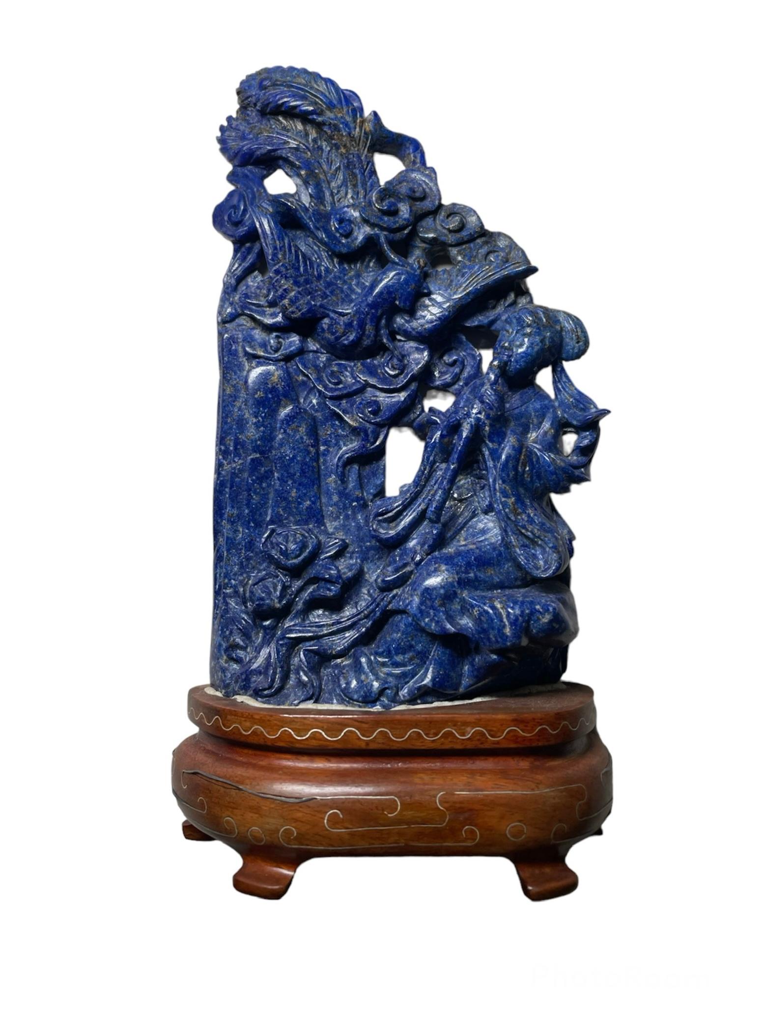 Chinese Hand Carved Lapis Lazuli Sculptures of the Guan Yin and Phoenix Bird For Sale 1