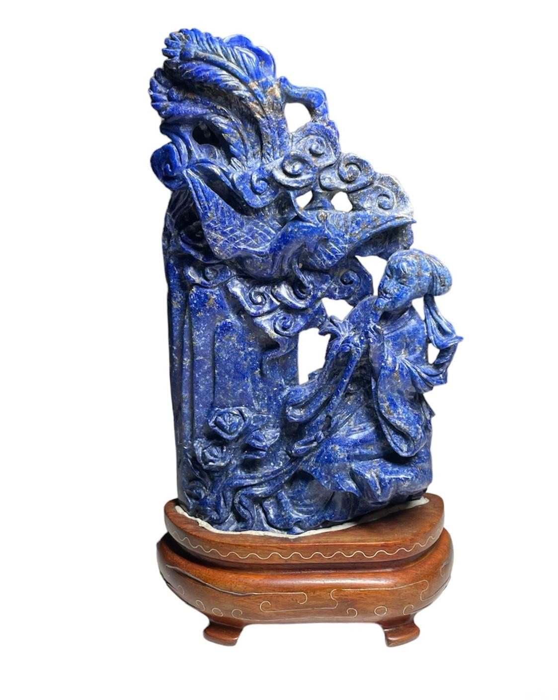 Chinese Hand Carved Lapis Lazuli Sculptures of the Guan Yin and Phoenix Bird For Sale 2