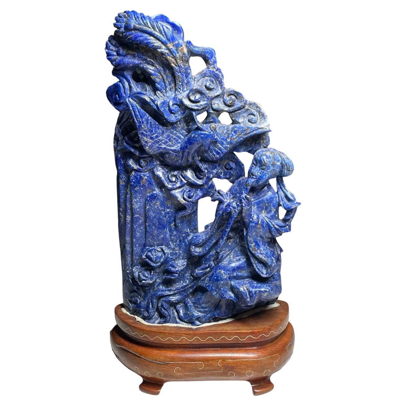 Chinese Hand Carved Lapis Lazuli Sculptures of the Guan Yin and Phoenix Bird For Sale