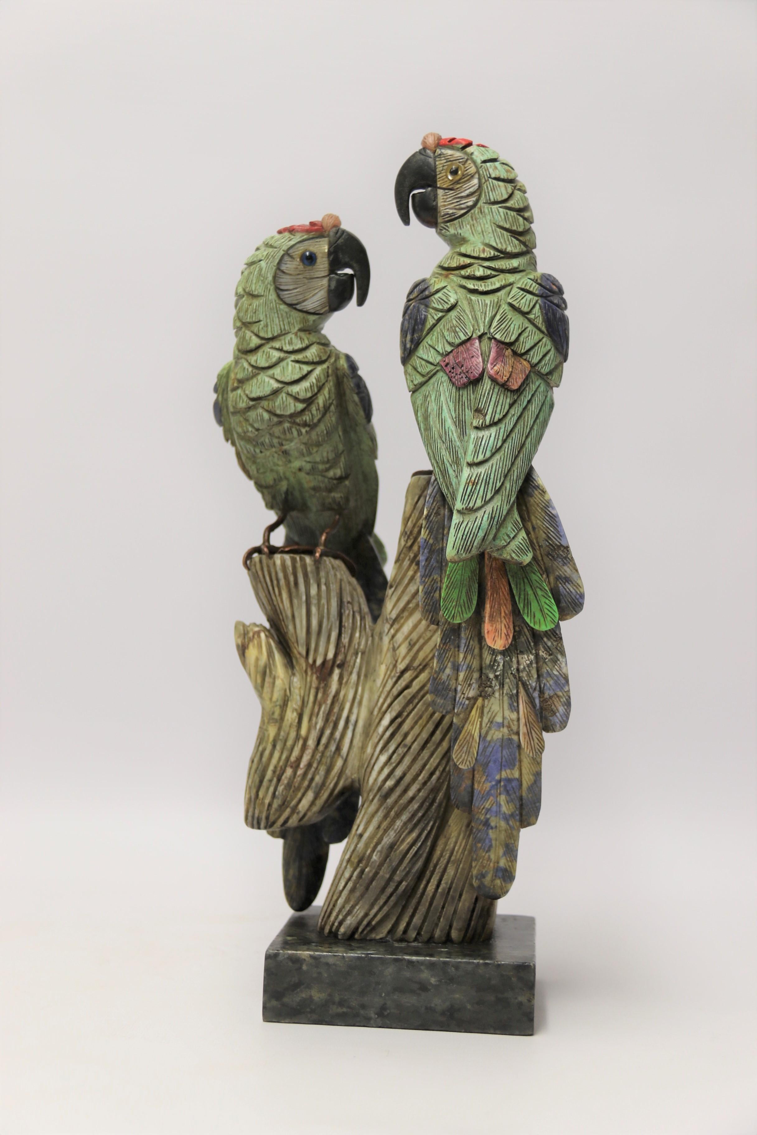 Chinese Hand Carved Pair of Parrots Made from Colored Soapstone, circa 1930 For Sale 11