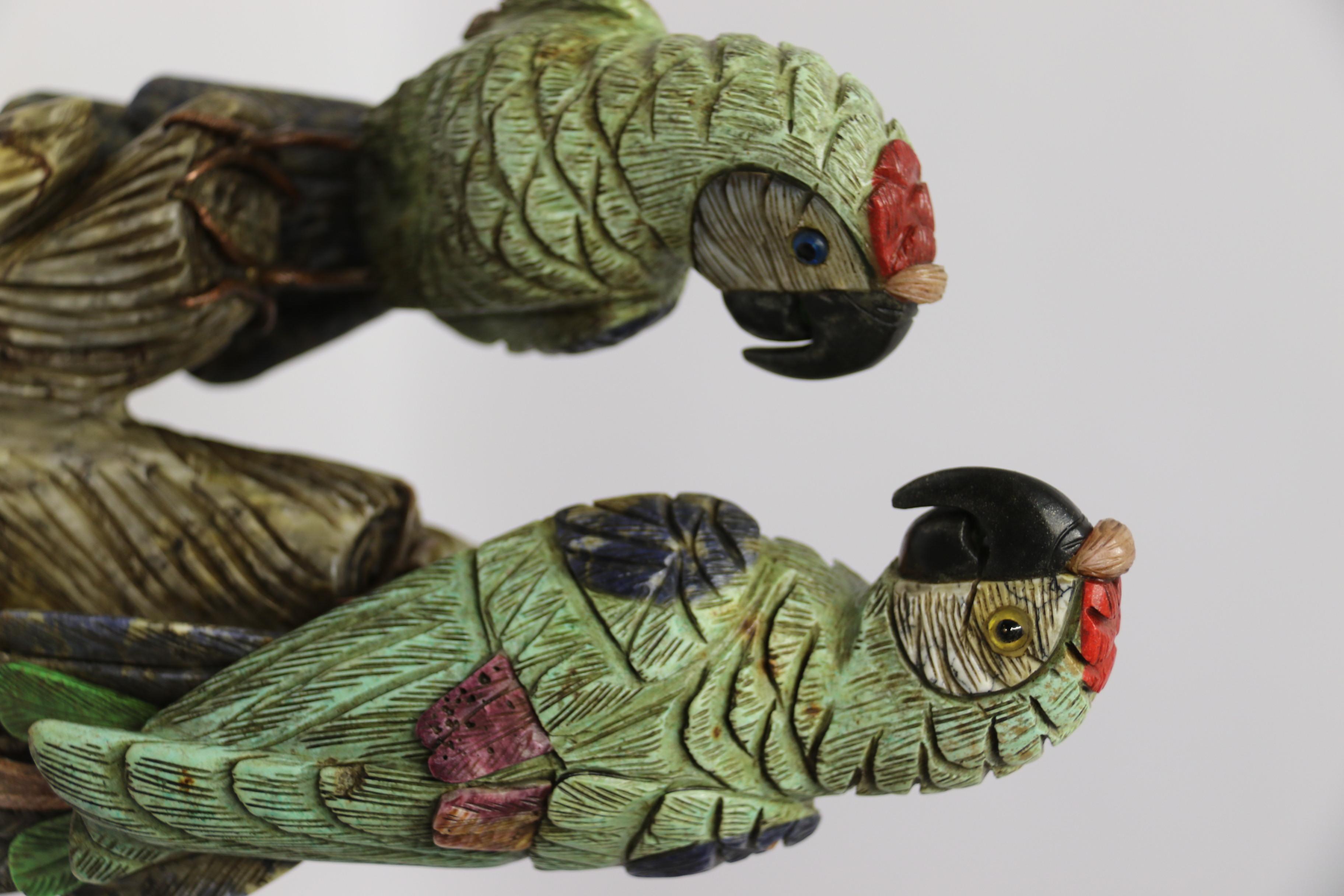 Chinese Hand Carved Pair of Parrots Made from Colored Soapstone, circa 1930 For Sale 12