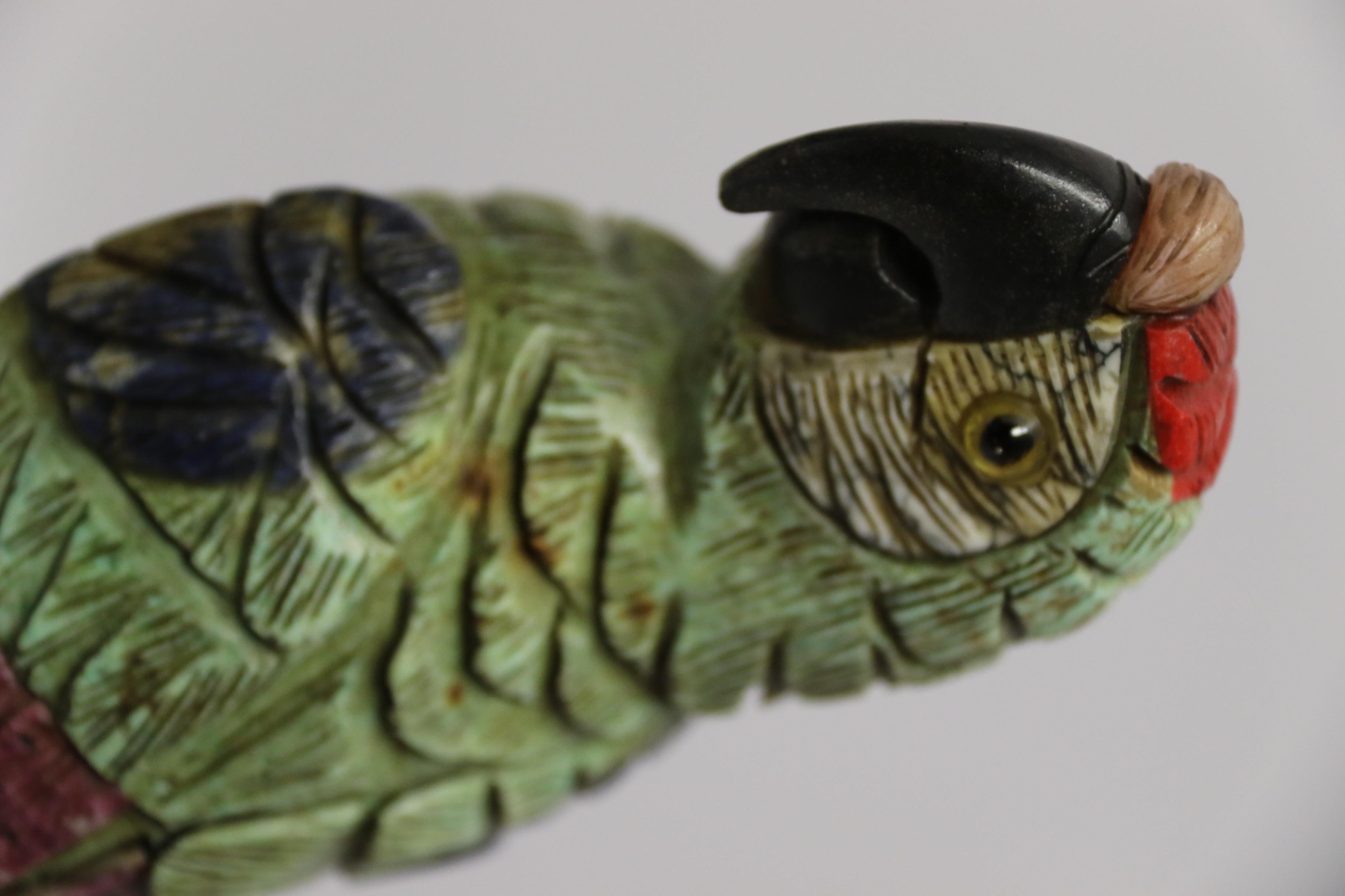 Chinese Hand Carved Pair of Parrots Made from Colored Soapstone, circa 1930 For Sale 13