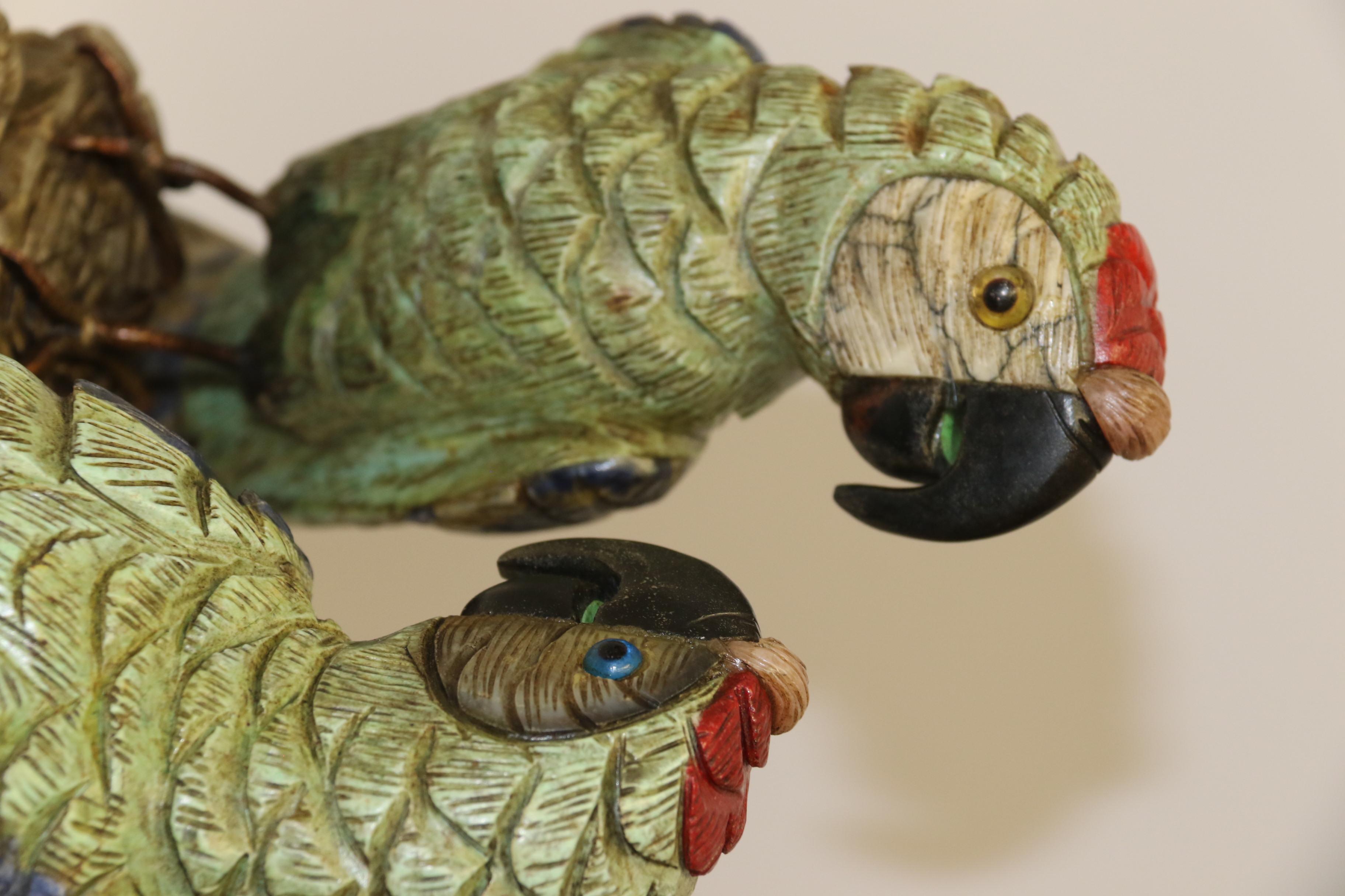 Chinese Hand Carved Pair of Parrots Made from Colored Soapstone, circa 1930 For Sale 15