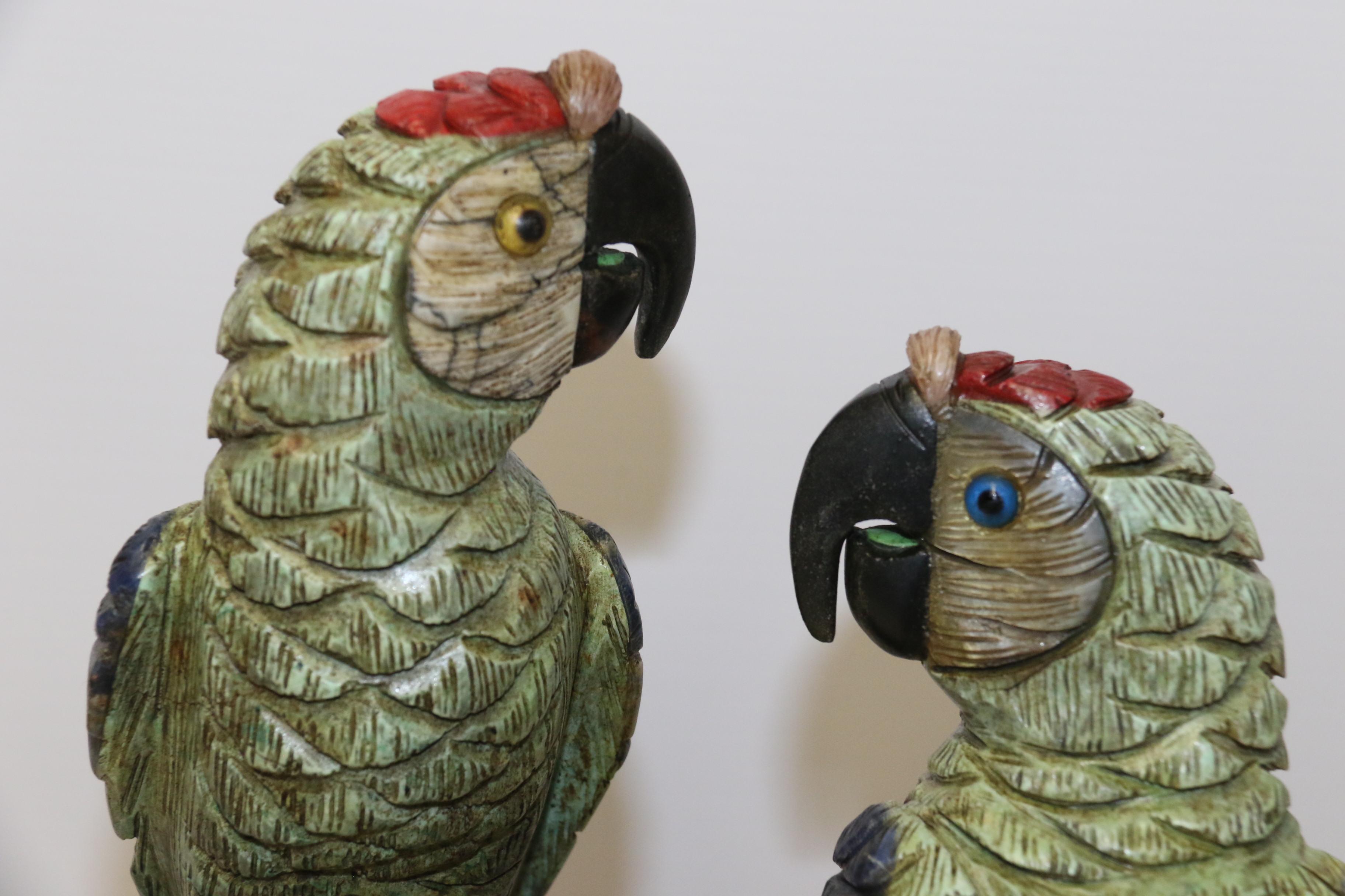 Hand-Carved Chinese Hand Carved Pair of Parrots Made from Colored Soapstone, circa 1930 For Sale