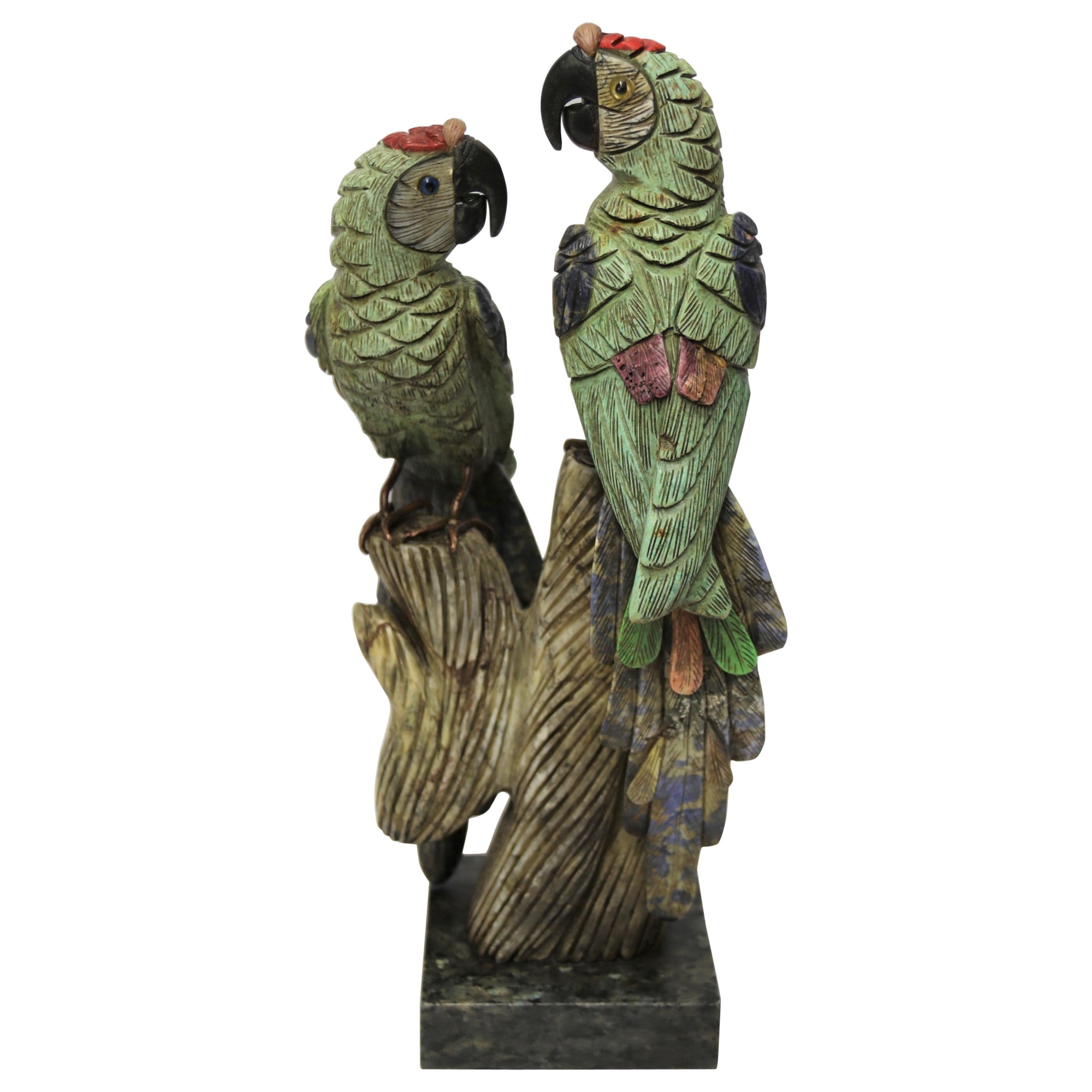 Chinese Hand Carved Pair of Parrots Made from Colored Soapstone, circa 1930 For Sale
