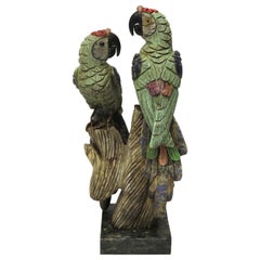 Chinese Hand Carved Pair of Parrots Made from Colored Soapstone, circa 1930
