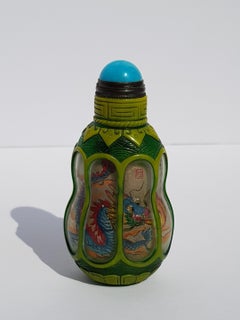 Chinese Hand Carved Peking Glass Snuff Bottle Reverse Painted Dragon Pearl Gourd