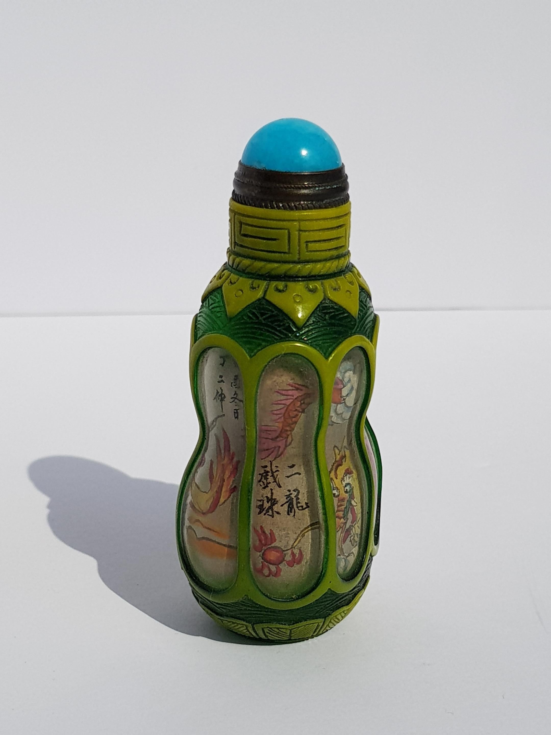 Hand-Carved Chinese Hand Carved Peking Glass Snuff Bottle Reverse Painted Dragon Pearl Gourd For Sale