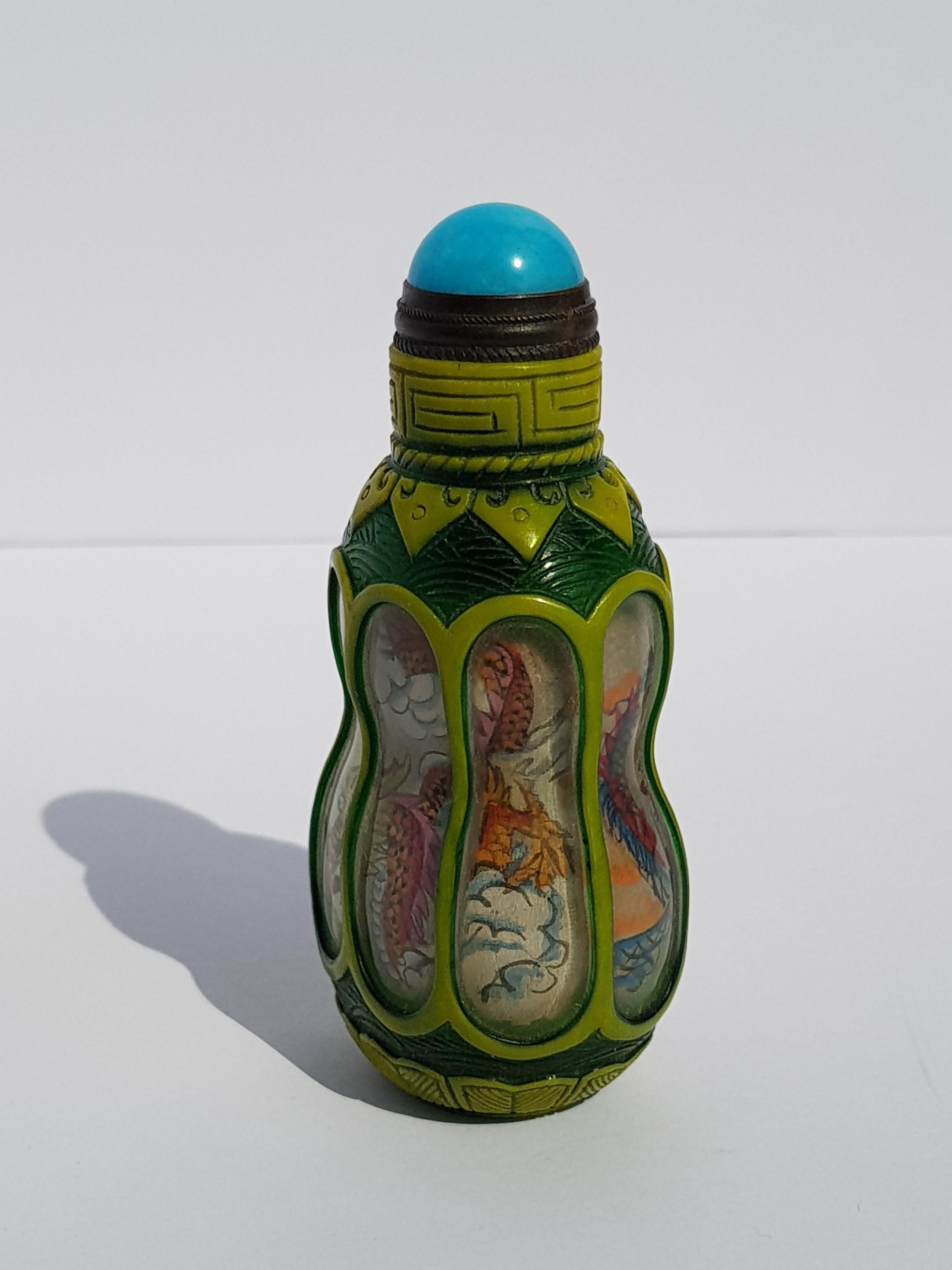 20th Century Chinese Hand Carved Peking Glass Snuff Bottle Reverse Painted Dragon Pearl Gourd For Sale