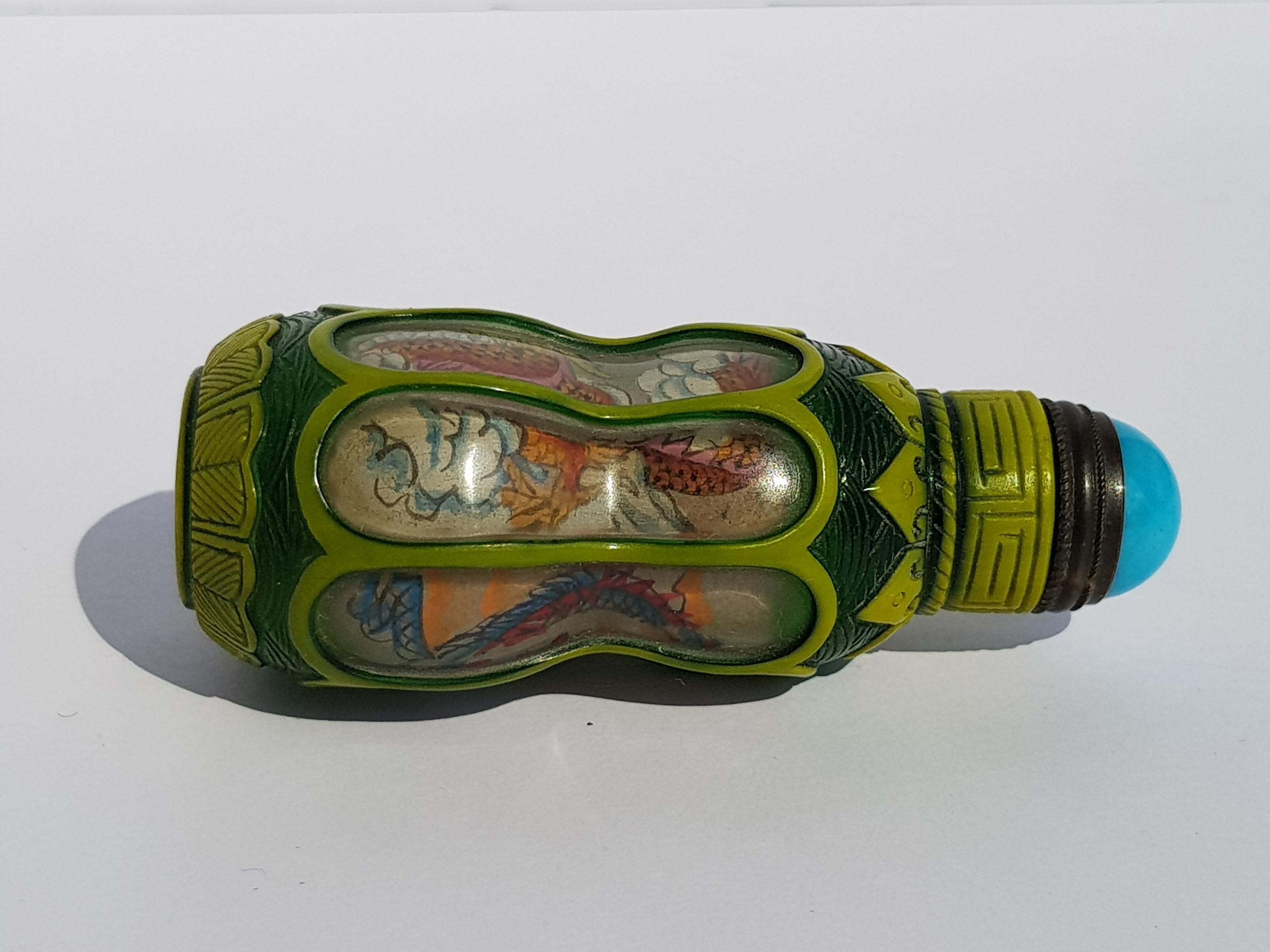 Chinese Hand Carved Peking Glass Snuff Bottle Reverse Painted Dragon Pearl Gourd For Sale 1