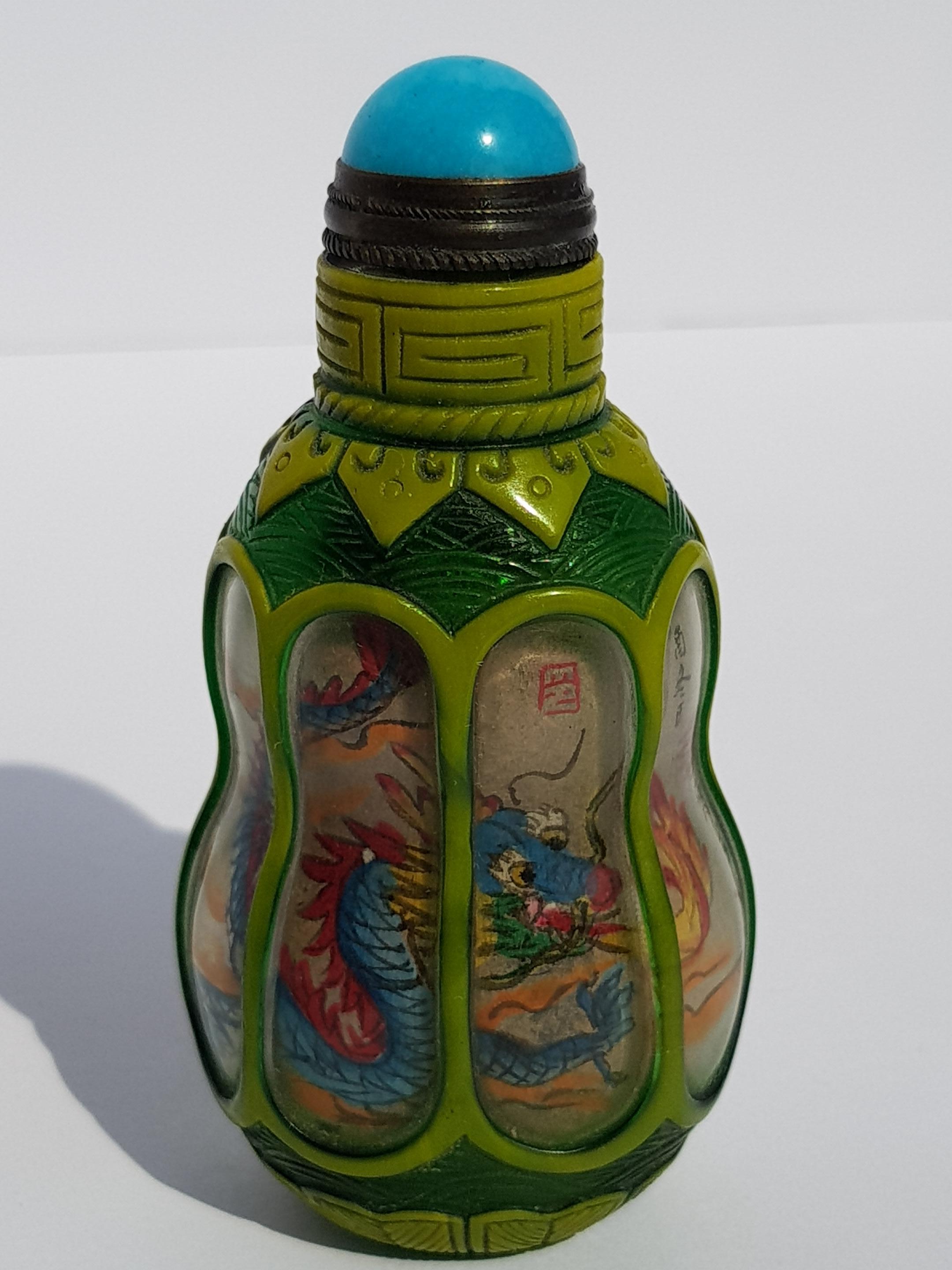 Chinese Hand Carved Peking Glass Snuff Bottle Reverse Painted Dragon Pearl Gourd For Sale 2