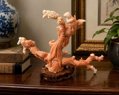 Chinese Hand-Carved Pink Coral Figure of Guanyin on Hardwood Base, Circa 1960s