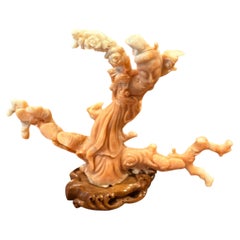 Chinese Hand-Carved Pink Coral Figure of Guanyin on Hardwood Base, Circa 1960s