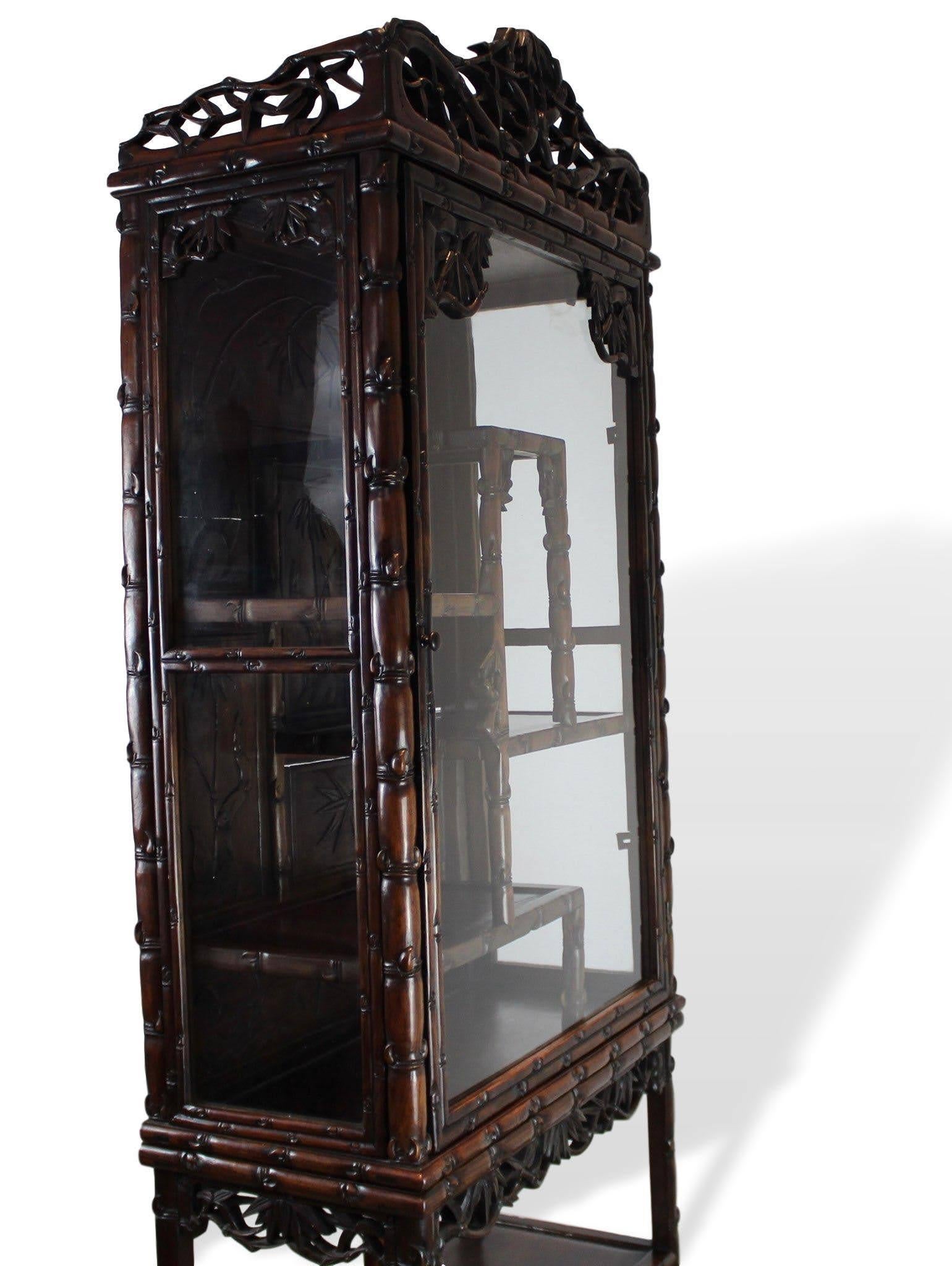 Chinese Hand Carved Rosewood Display Cabinet, Simulated Bamboo, circa 1880 In Good Condition In Banner Elk, NC