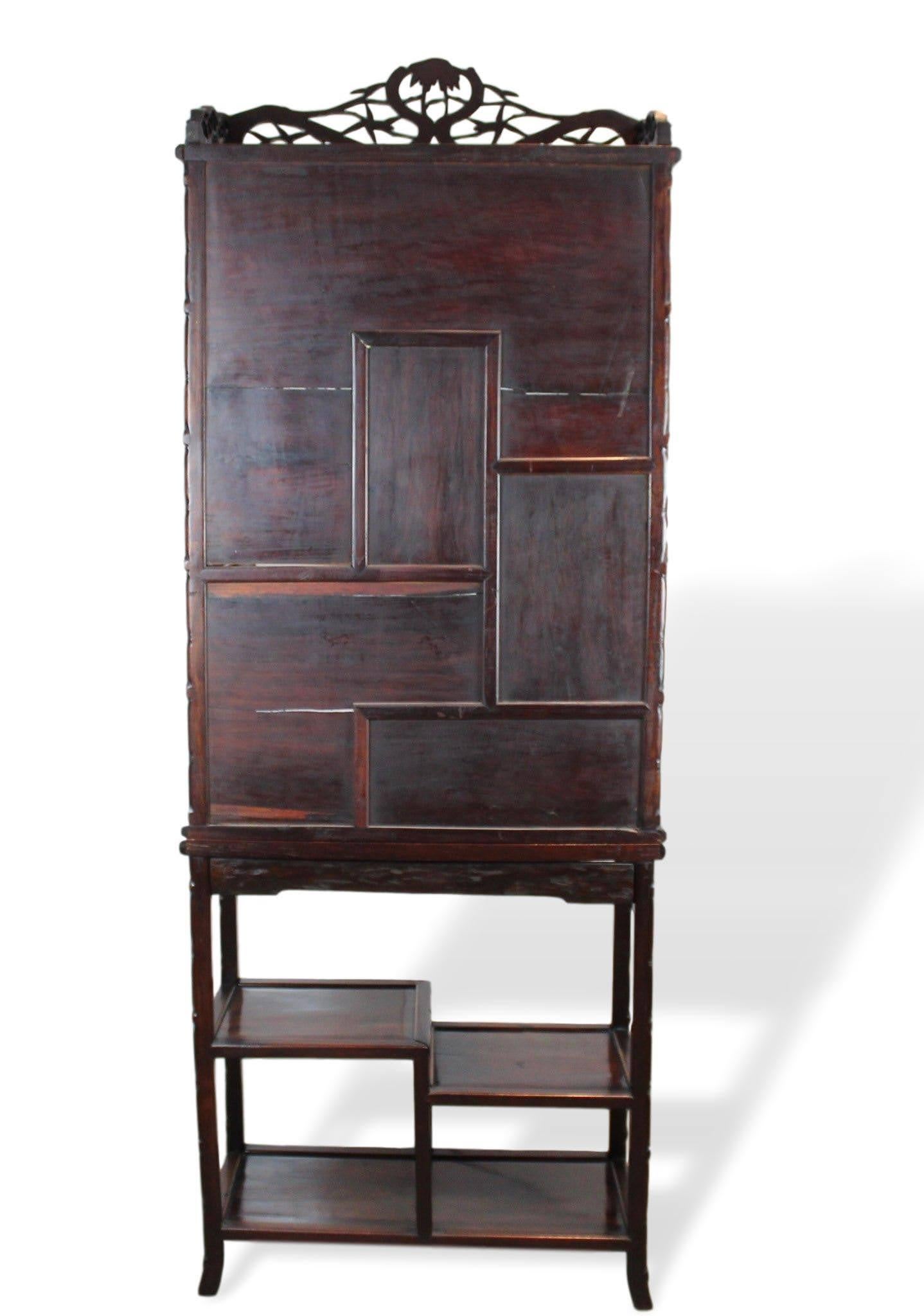 19th Century Chinese Hand Carved Rosewood Display Cabinet, Simulated Bamboo, circa 1880