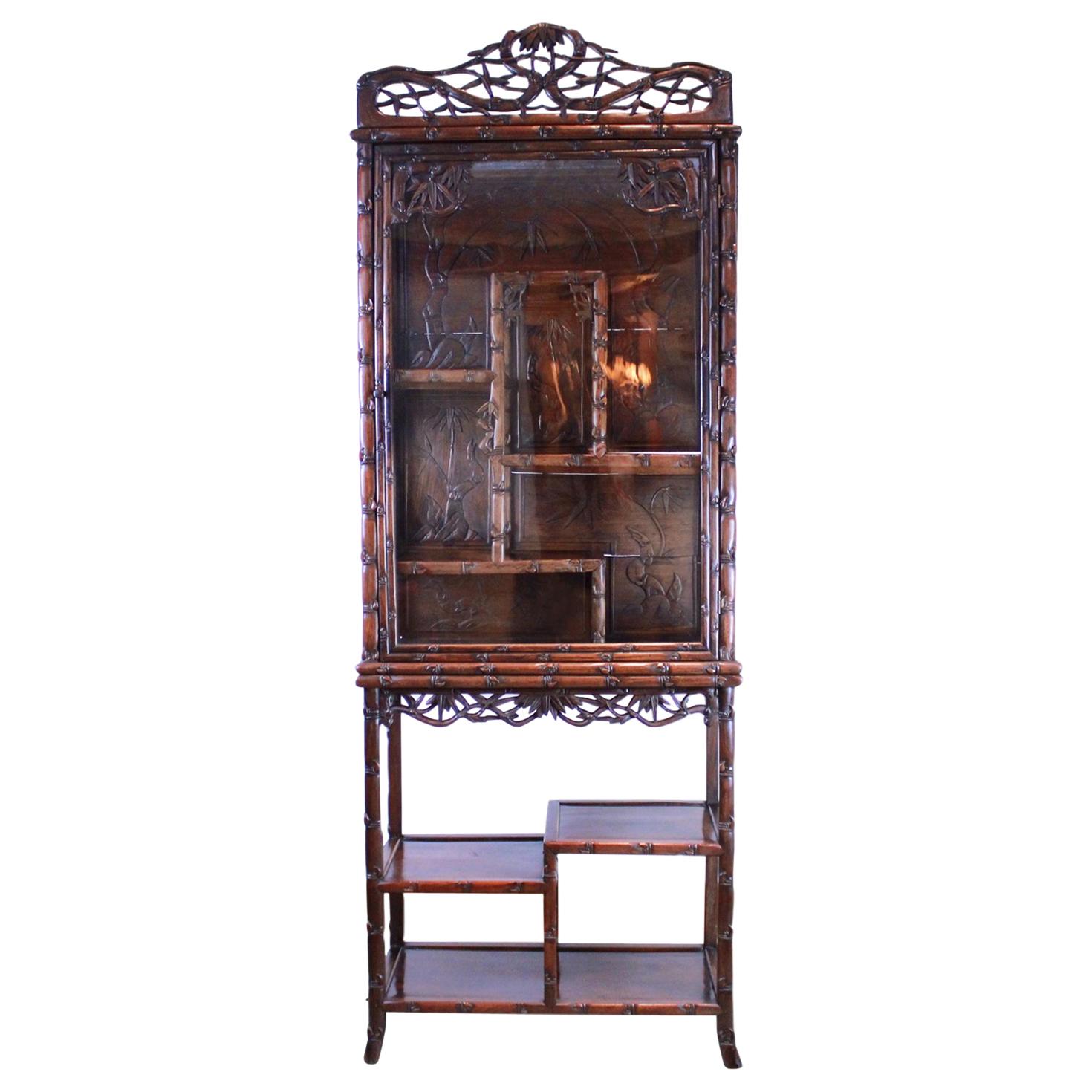 Chinese Hand Carved Rosewood Display Cabinet, Simulated Bamboo, circa 1880