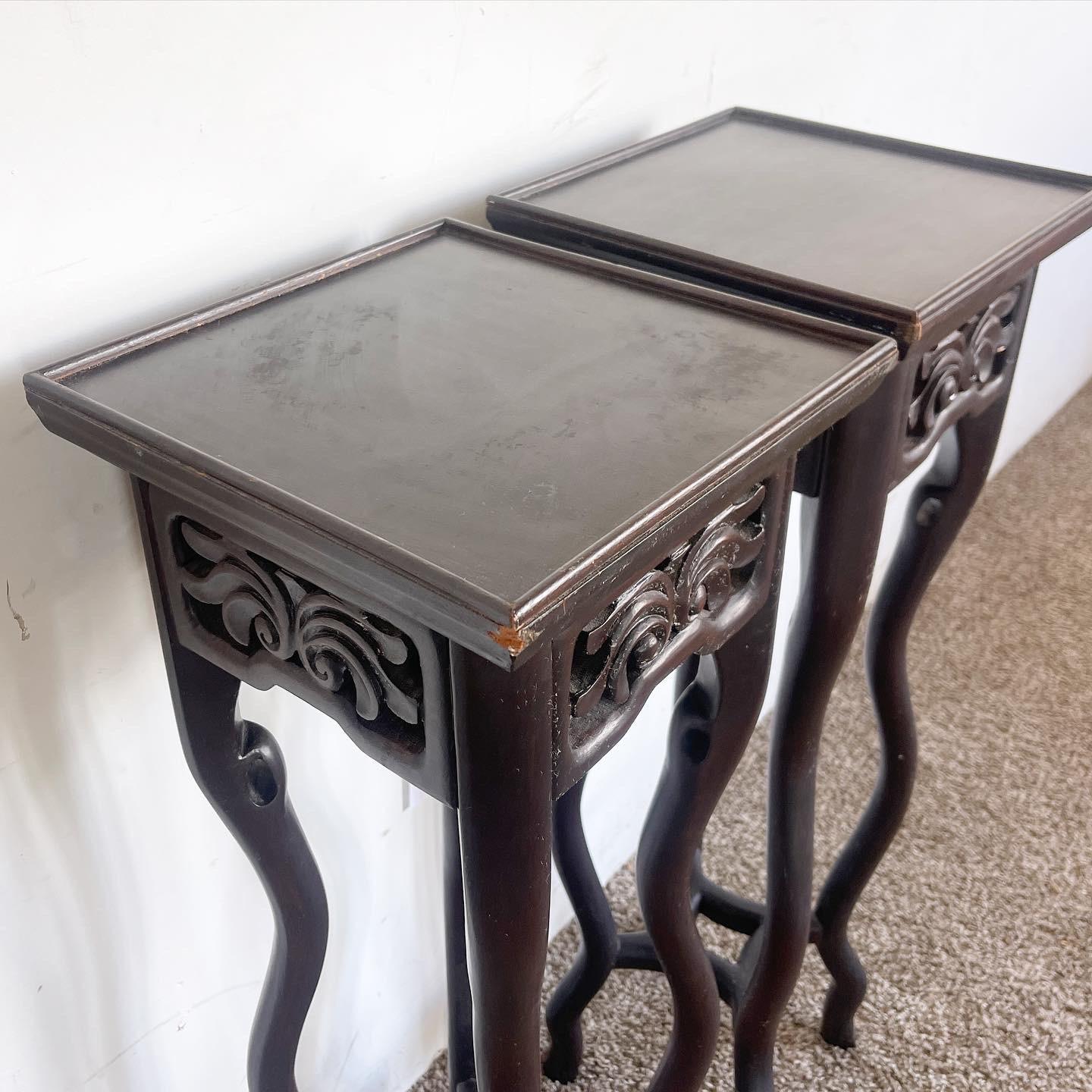 Chinese Hand Carved Rosewood Pedestal Side Tables - a Pair In Good Condition For Sale In Delray Beach, FL