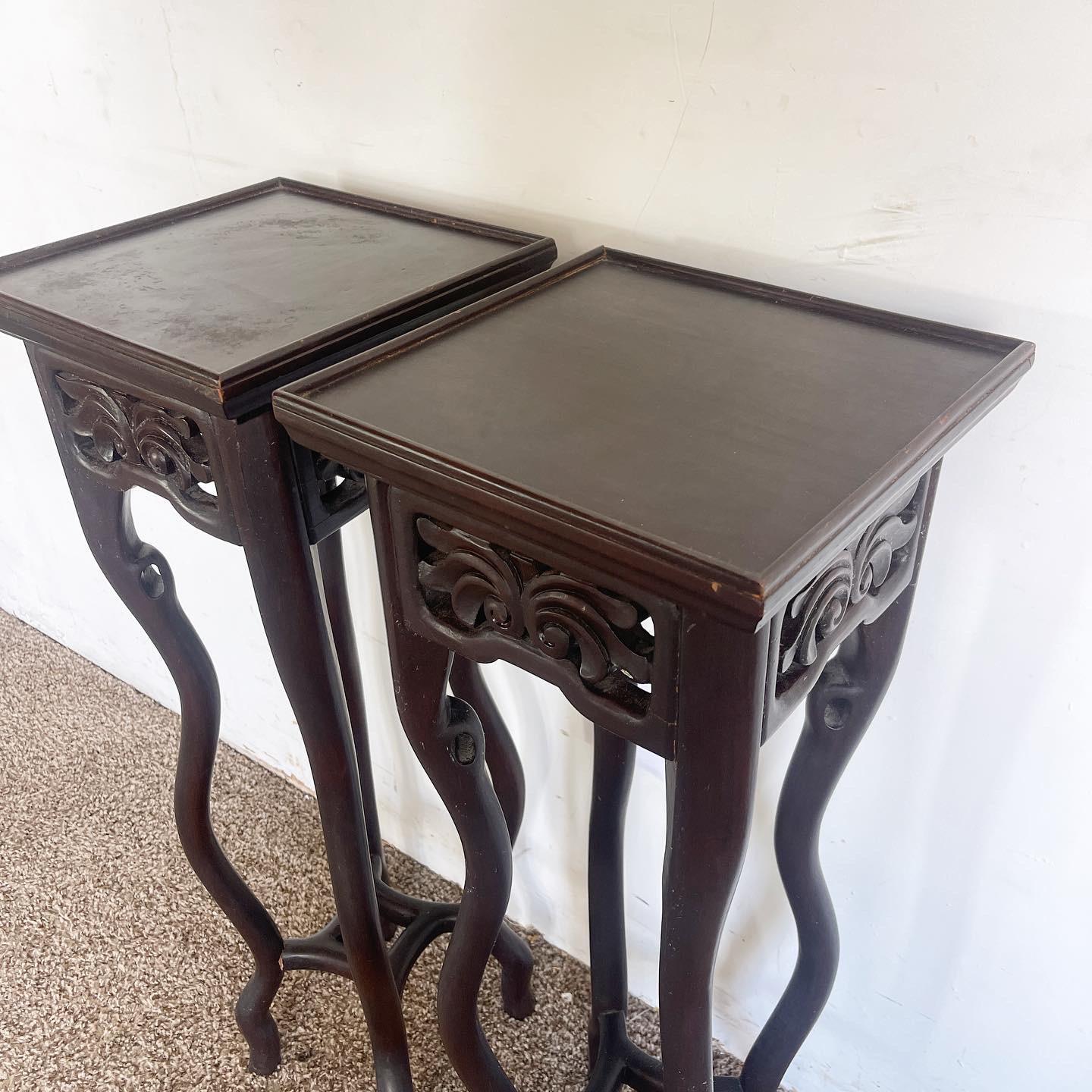 Chinese Hand Carved Rosewood Pedestal Side Tables - a Pair For Sale 1